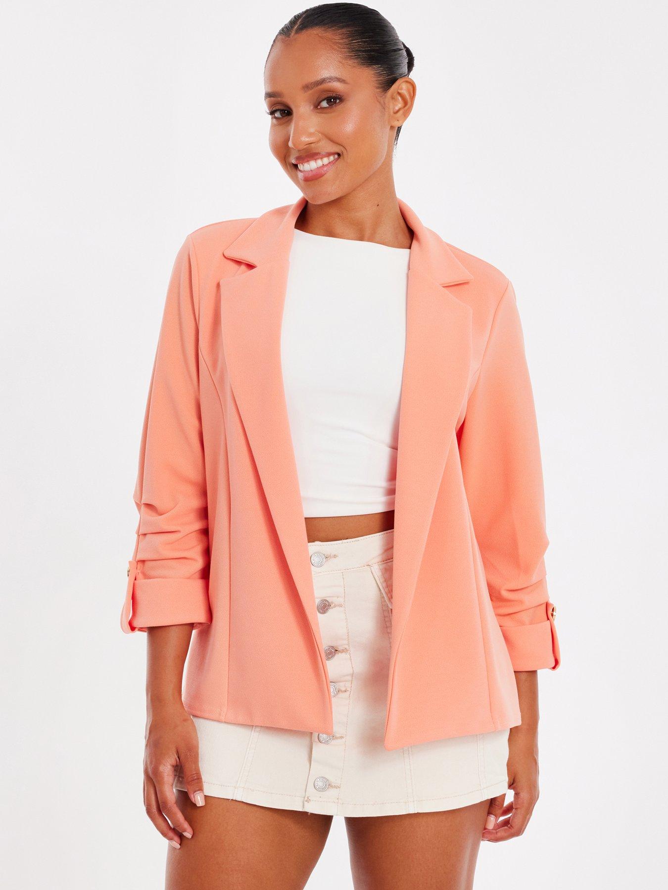 Image 1 of 6 of Quiz Petite Coral Ruched Sleeve Blazer