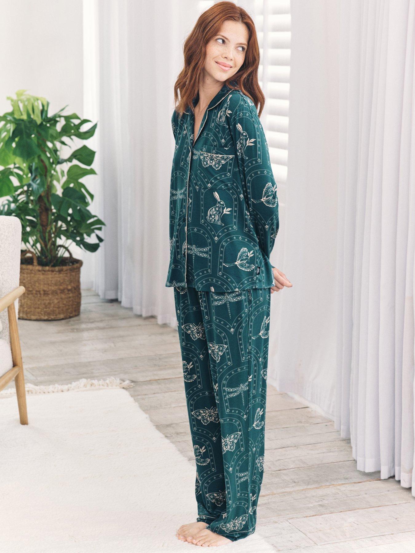 undefined Classic Long Button Up Pyjama Set - Teal - Green