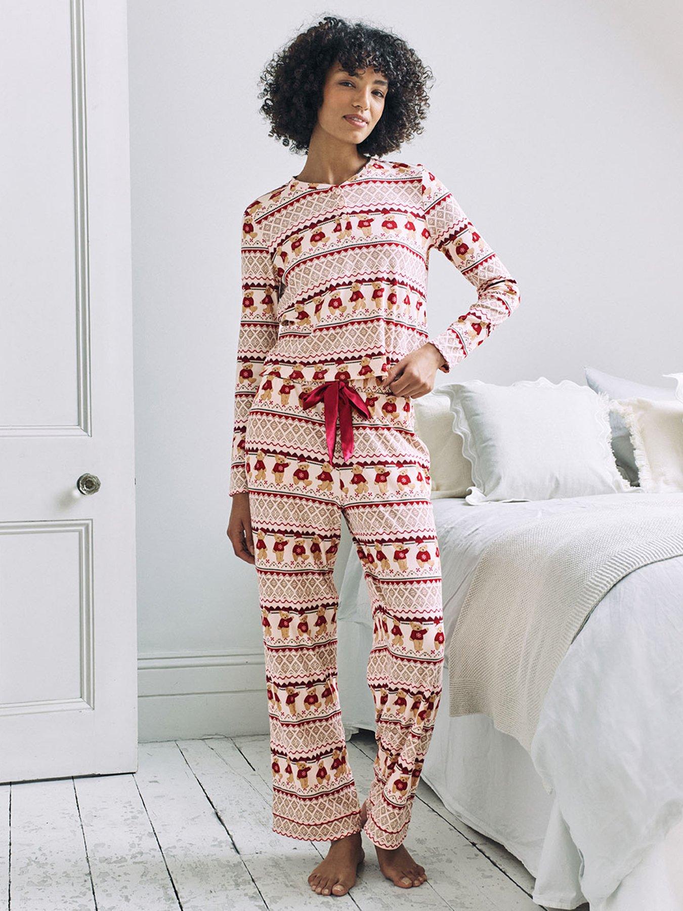 Image 1 of 6 of CHELSEA PEERS Ladies Christmas Long Sleeve Pyjama Set With Straight Leg Bottoms - White