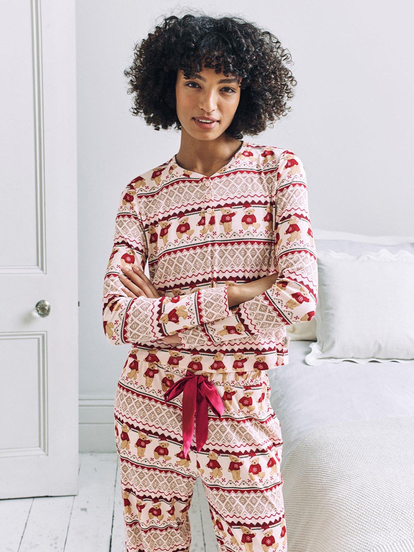 Image 2 of 6 of CHELSEA PEERS Ladies Christmas Long Sleeve Pyjama Set With Straight Leg Bottoms - White