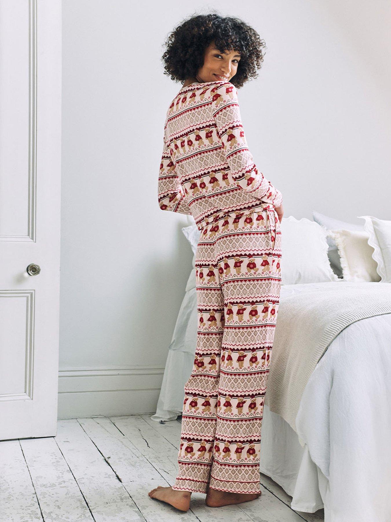 Image 5 of 6 of CHELSEA PEERS Ladies Christmas Long Sleeve Pyjama Set With Straight Leg Bottoms - White