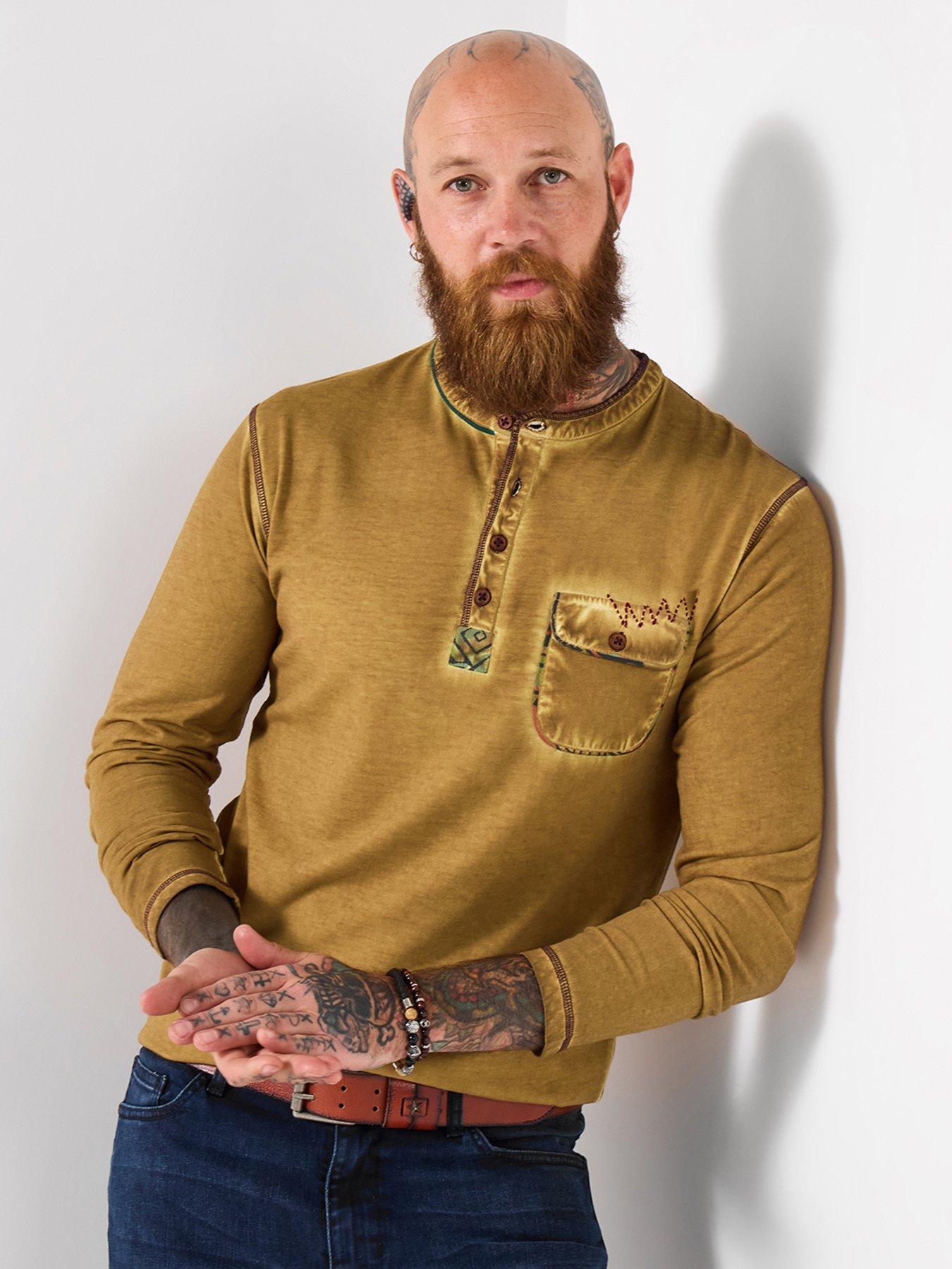 undefined Pocketed Long Sleeve Henley T Shirt - Dark Yellow
