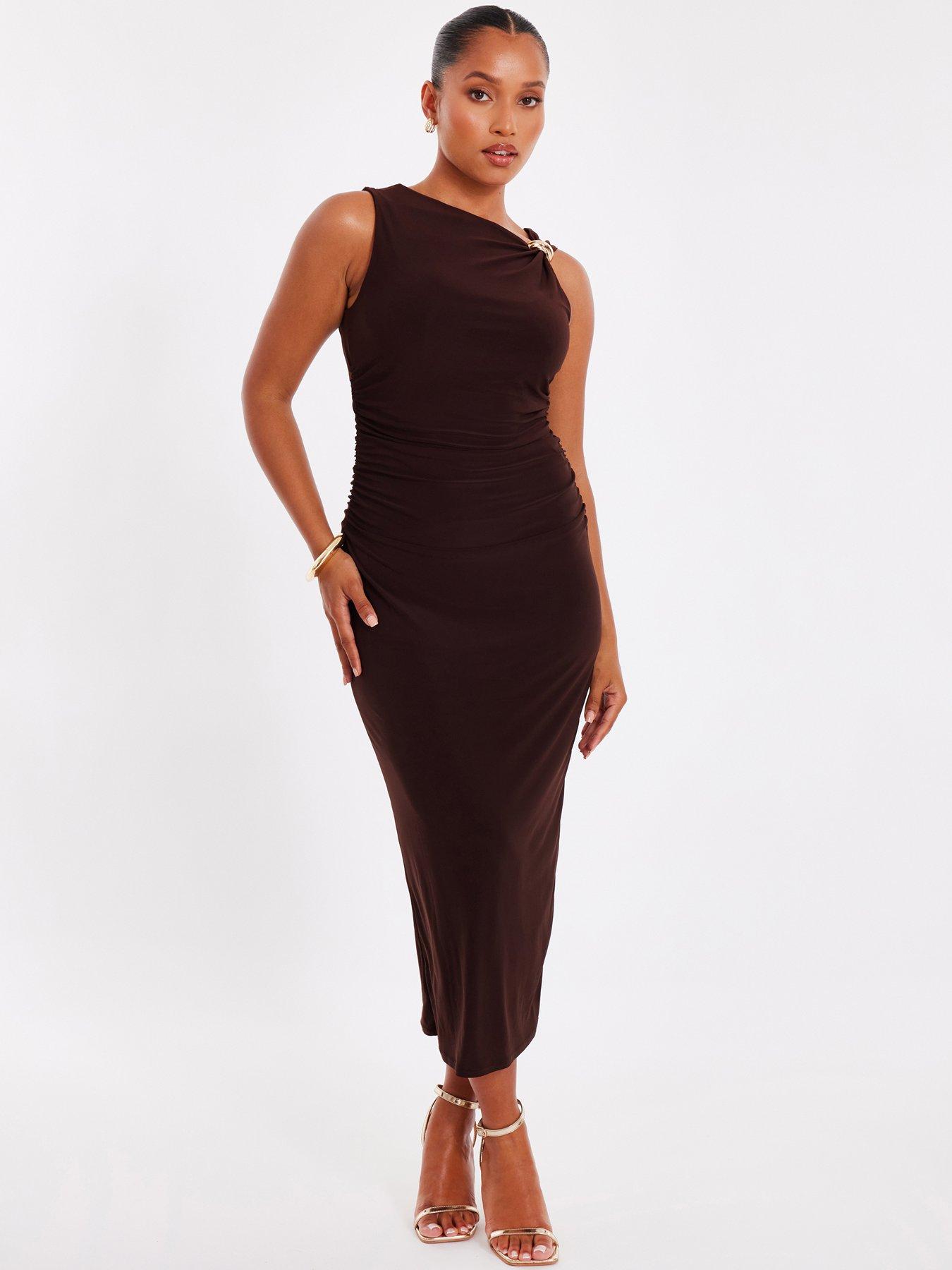 Image 1 of 6 of Quiz Petite Brown Gold Buckle Midaxi Dress