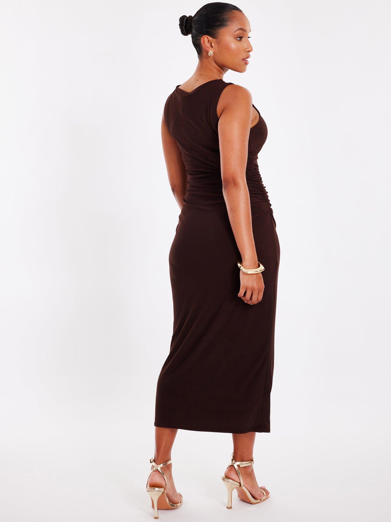 Image 2 of 6 of Quiz Petite Brown Gold Buckle Midaxi Dress