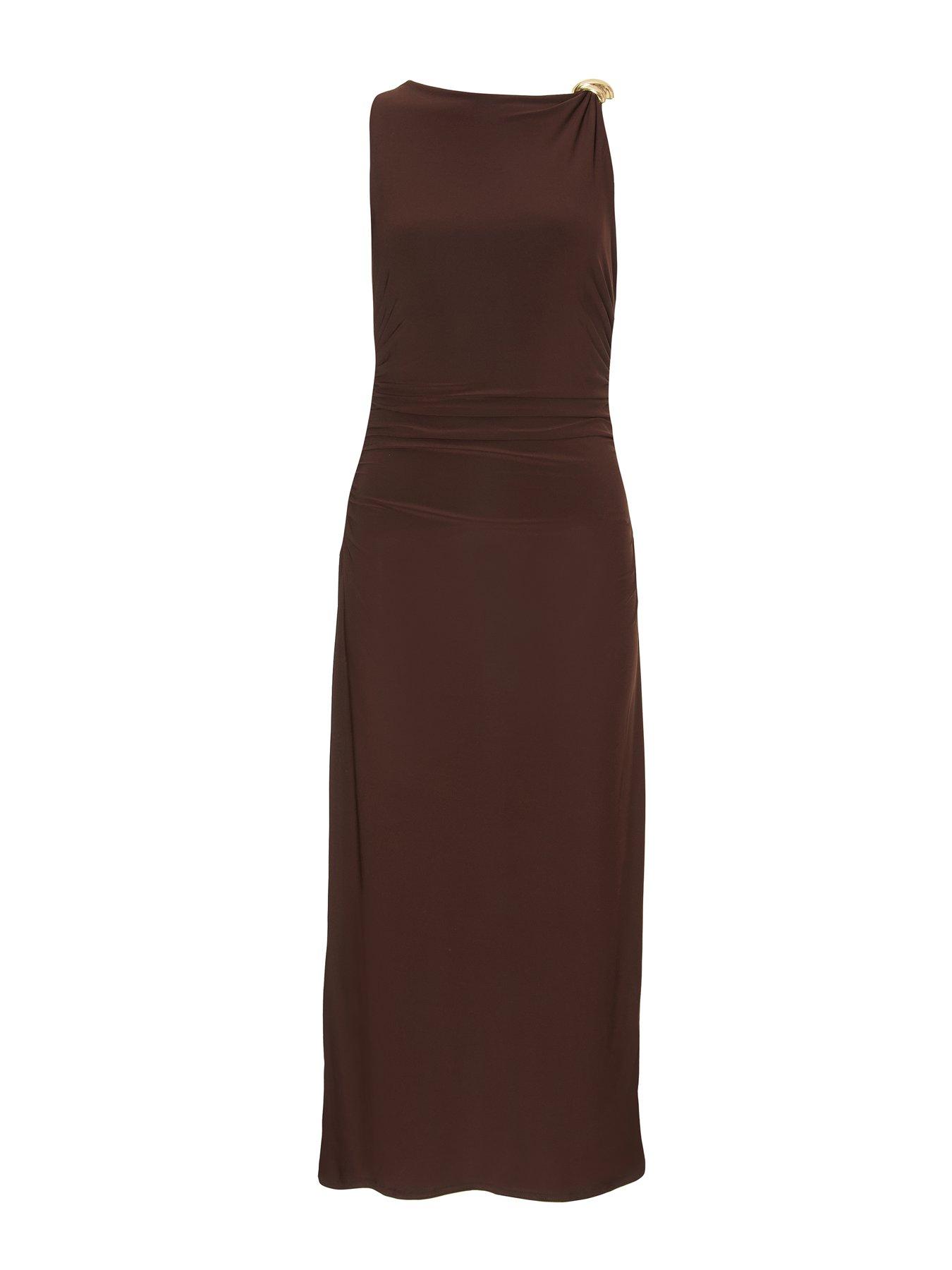 Image 4 of 6 of Quiz Petite Brown Gold Buckle Midaxi Dress