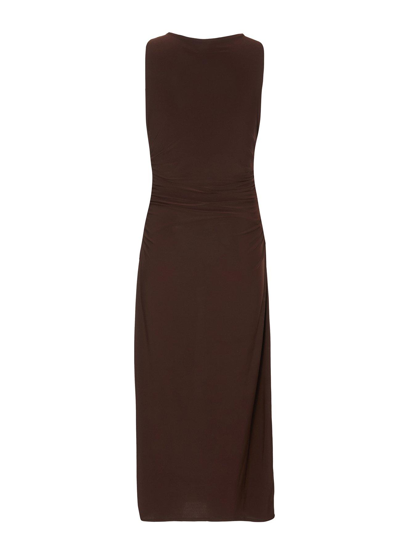 Image 5 of 6 of Quiz Petite Brown Gold Buckle Midaxi Dress