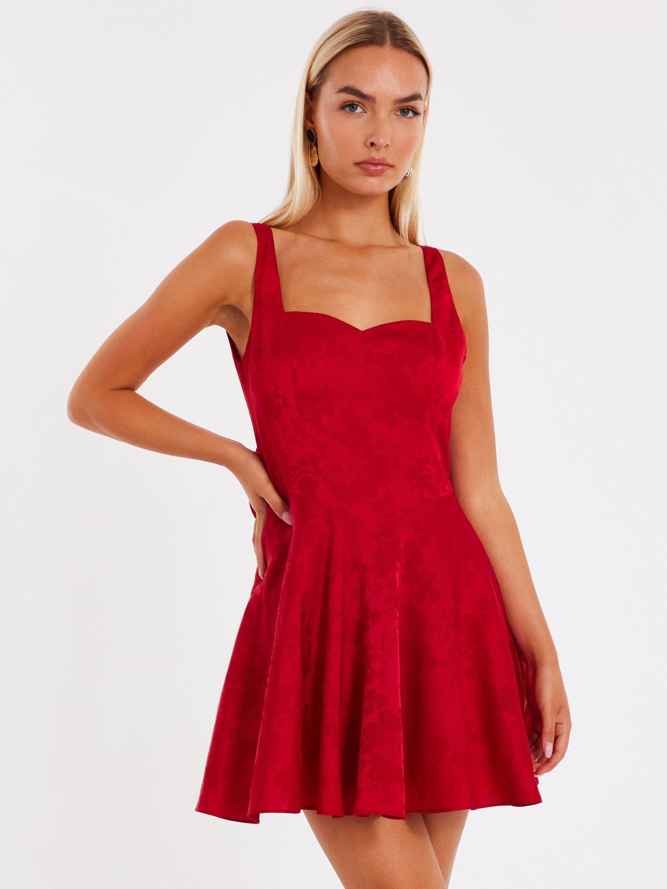 Image 1 of 6 of Quiz Red Satin Jacquard Mini Dress