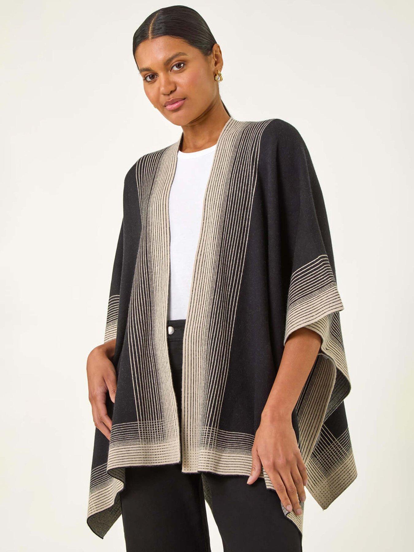Roman Gradient Longline Knit Poncho - Black