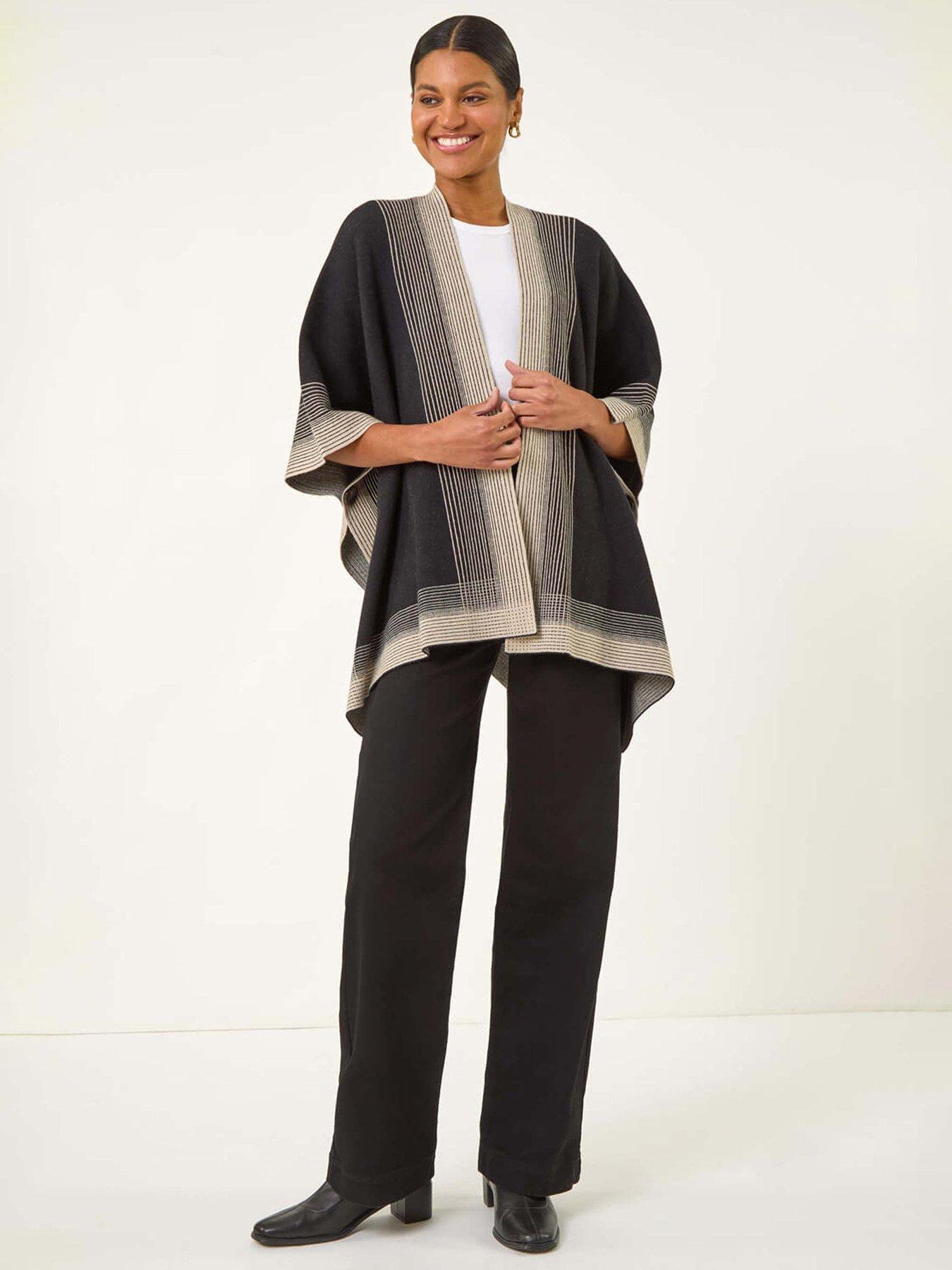 Image 3 of 5 of Roman Gradient Longline Knit Poncho - Black
