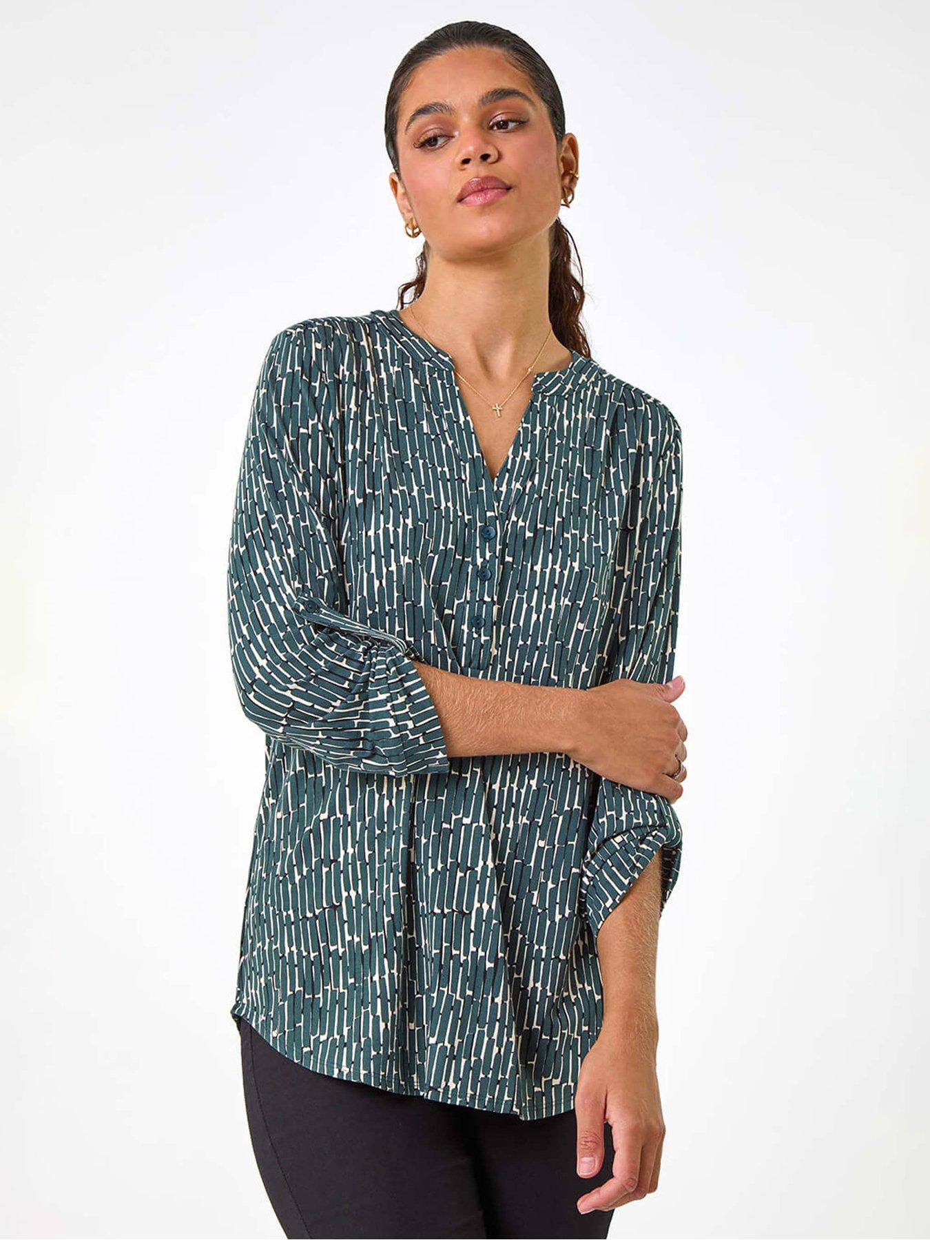 Roman Textured Abstract Print V-neck Stretch Shirt - Khaki