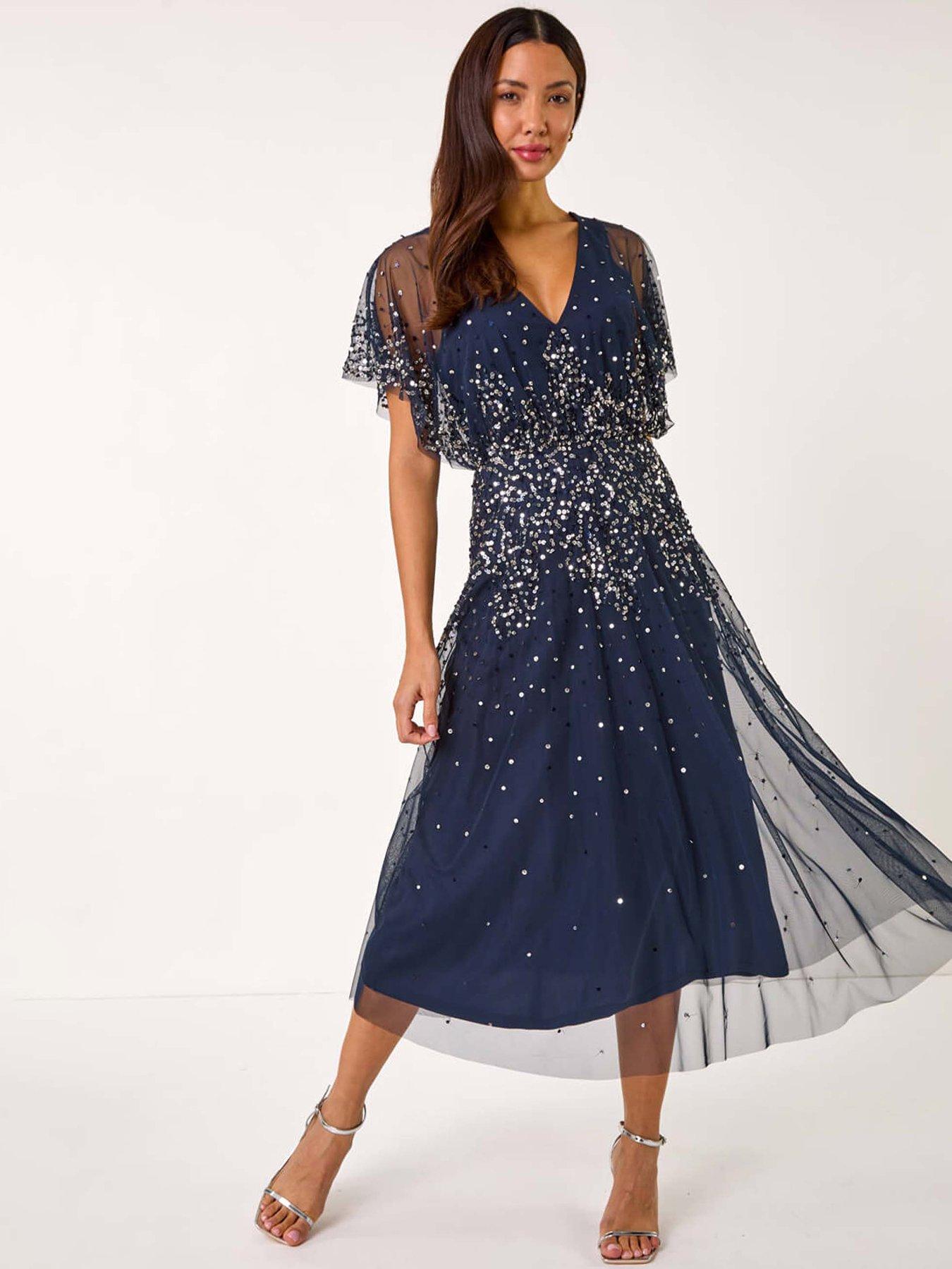 Image 1 of 5 of Roman Embellished Angel Sleeve Midi Dress - Navy