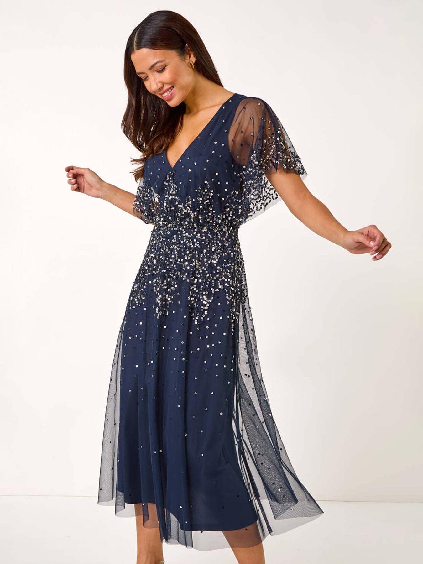 Image 3 of 5 of Roman Embellished Angel Sleeve Midi Dress - Navy