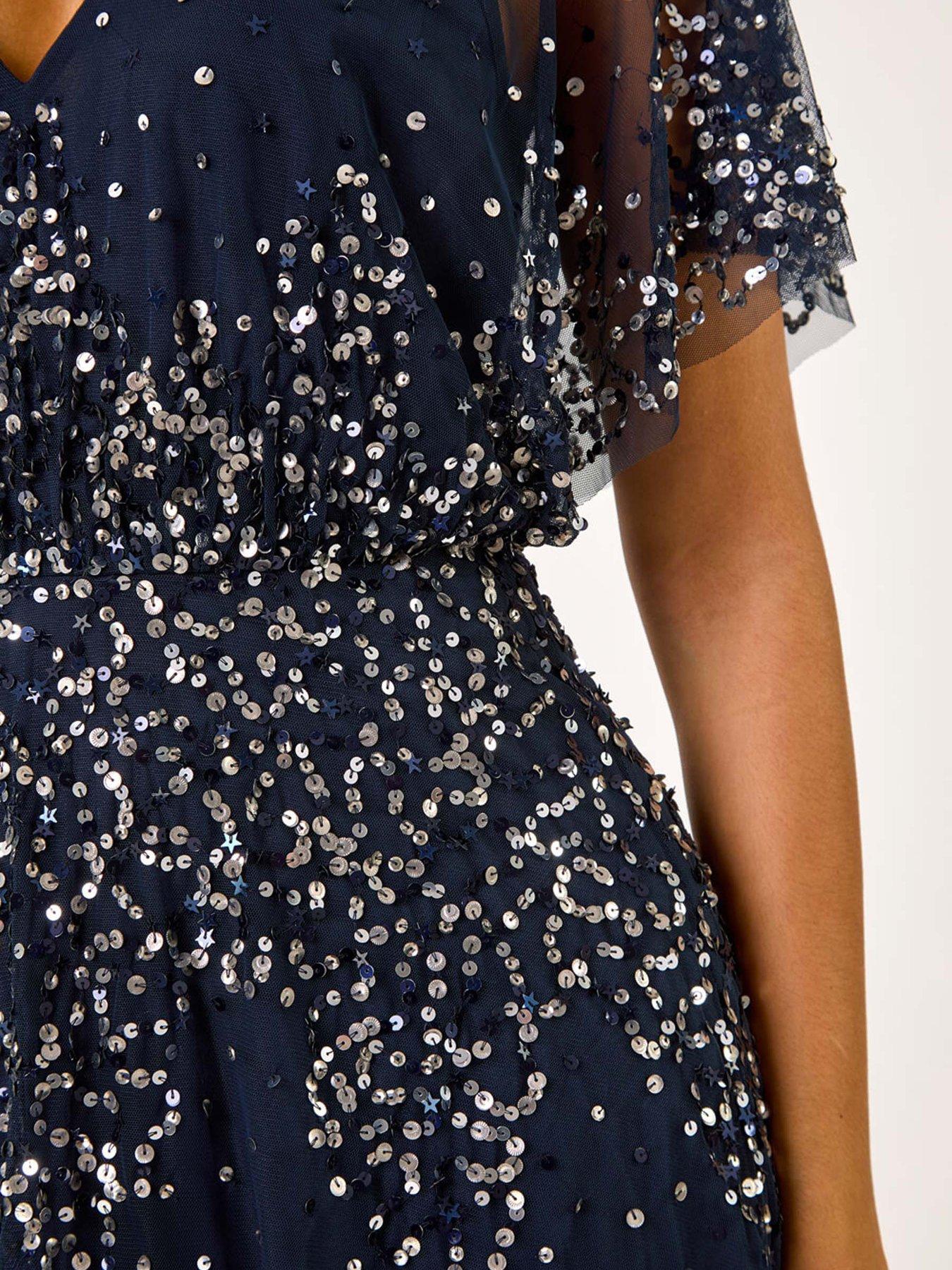 Image 5 of 5 of Roman Embellished Angel Sleeve Midi Dress - Navy