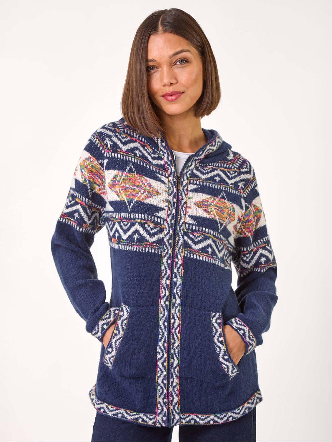 undefined Jacquard Zip Through Knit Cardigan - Navy