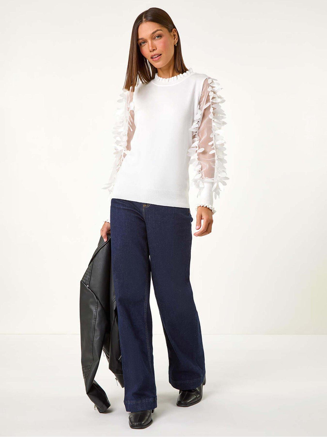 Image 3 of 5 of Roman Sheer Feather Sleeved Jumper - Ivory