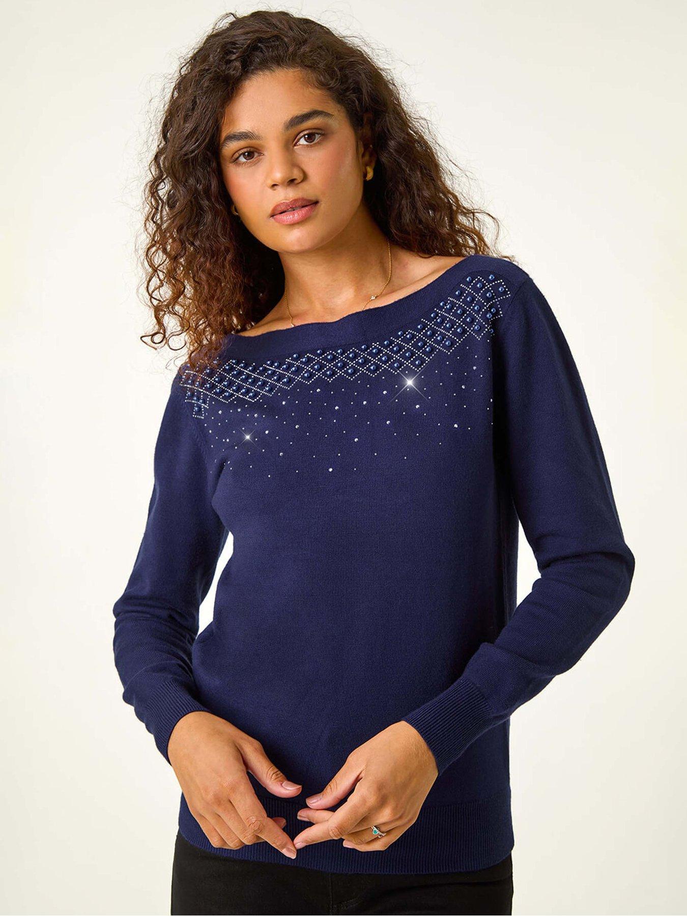 Roman Embellished Boat Neck Jumper - Midnight Blue