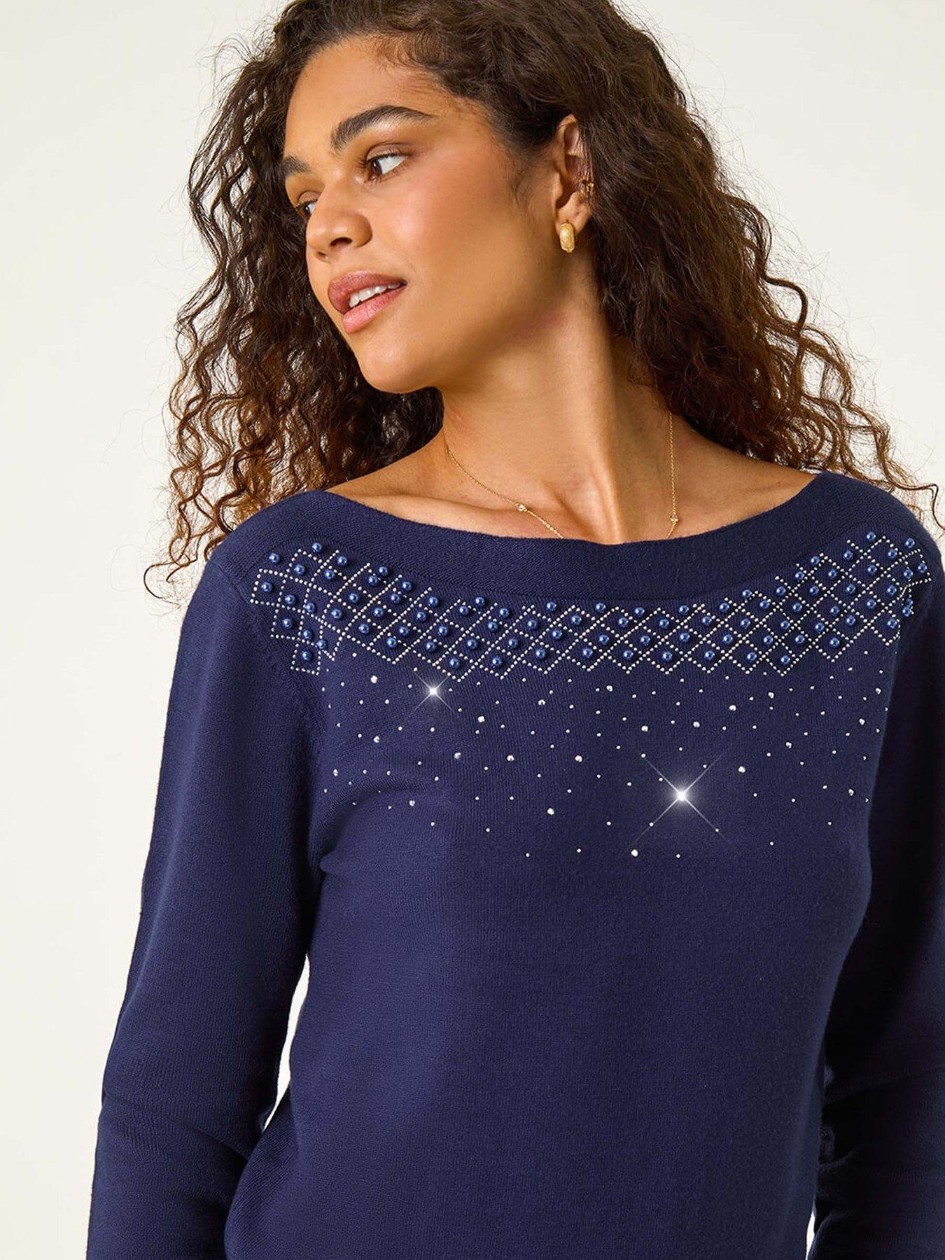  image of roman-embellished-boat-neck-jumper-midnight-blue
