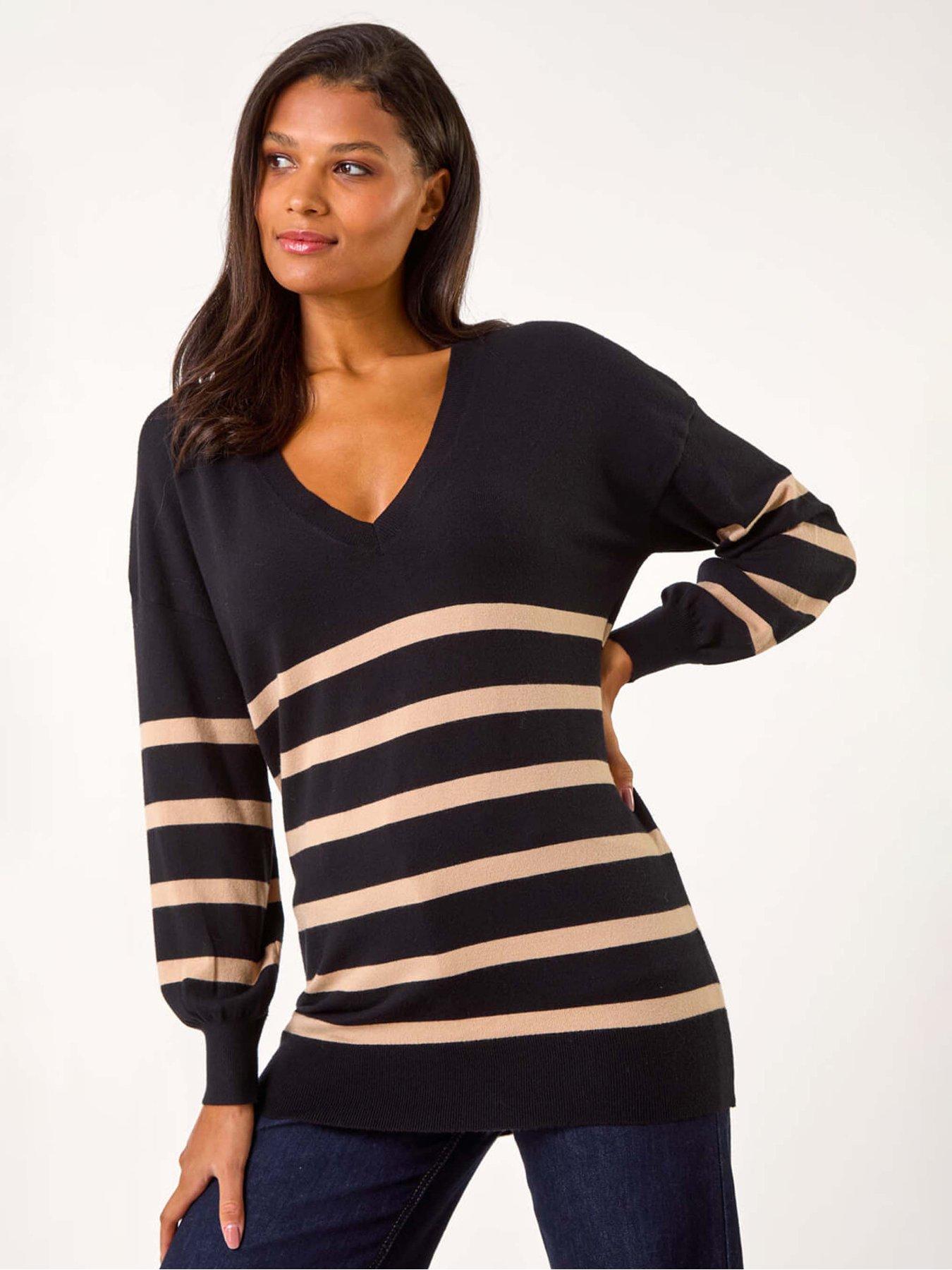 Image 1 of 5 of Roman Stripe V-neck Boyfriend Knit Jumper - Black