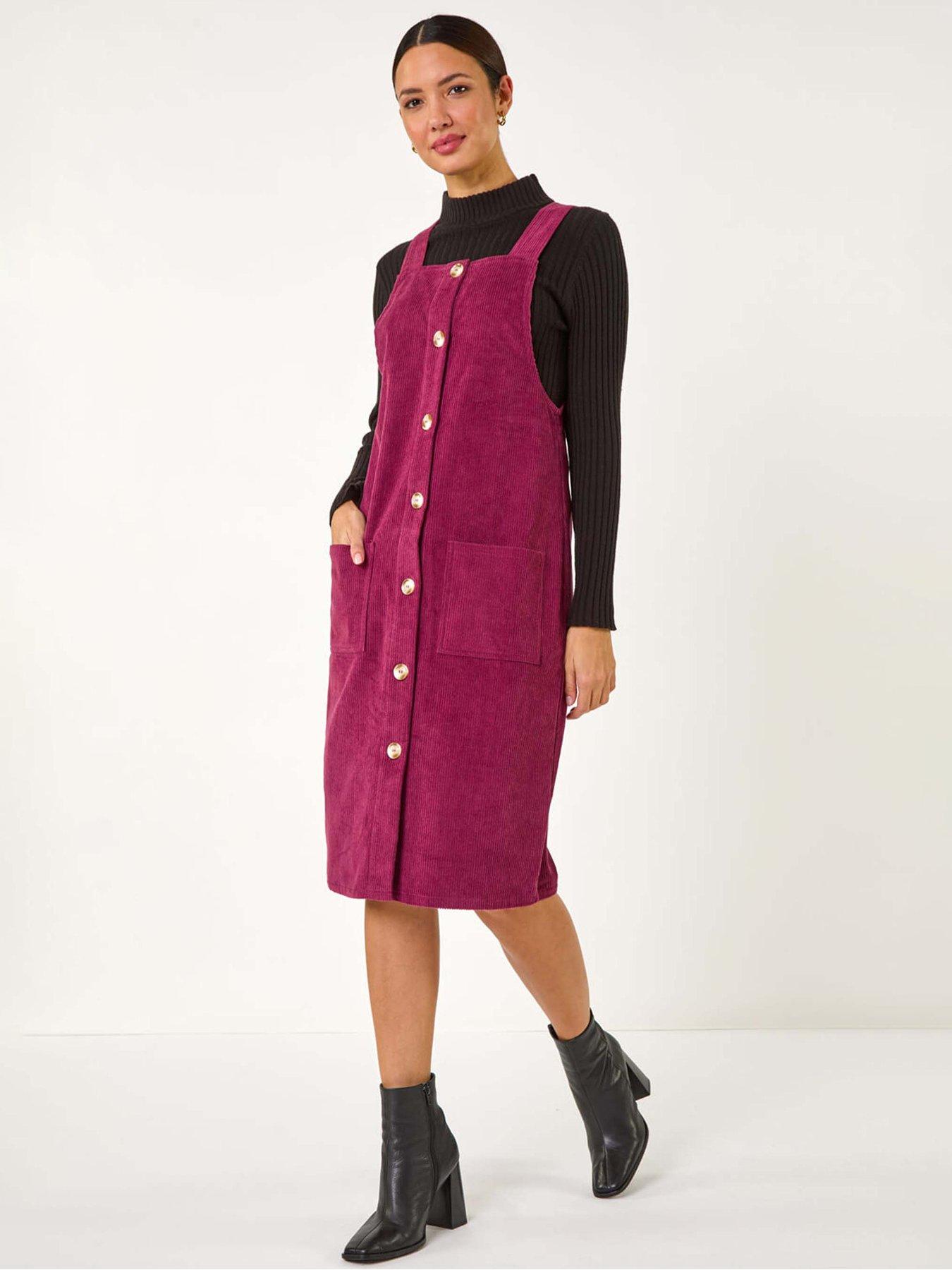 Roman Corduroy Pinafore Midi Dress - Wine