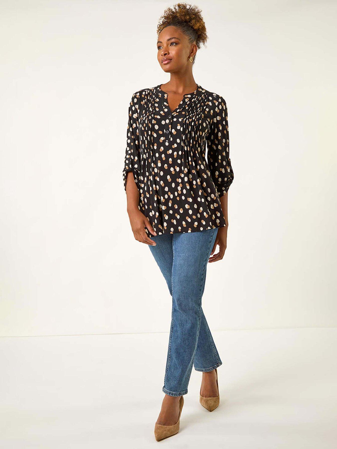 Image 3 of 5 of Roman Spot Print V-neck Stretch Shirt  - Black