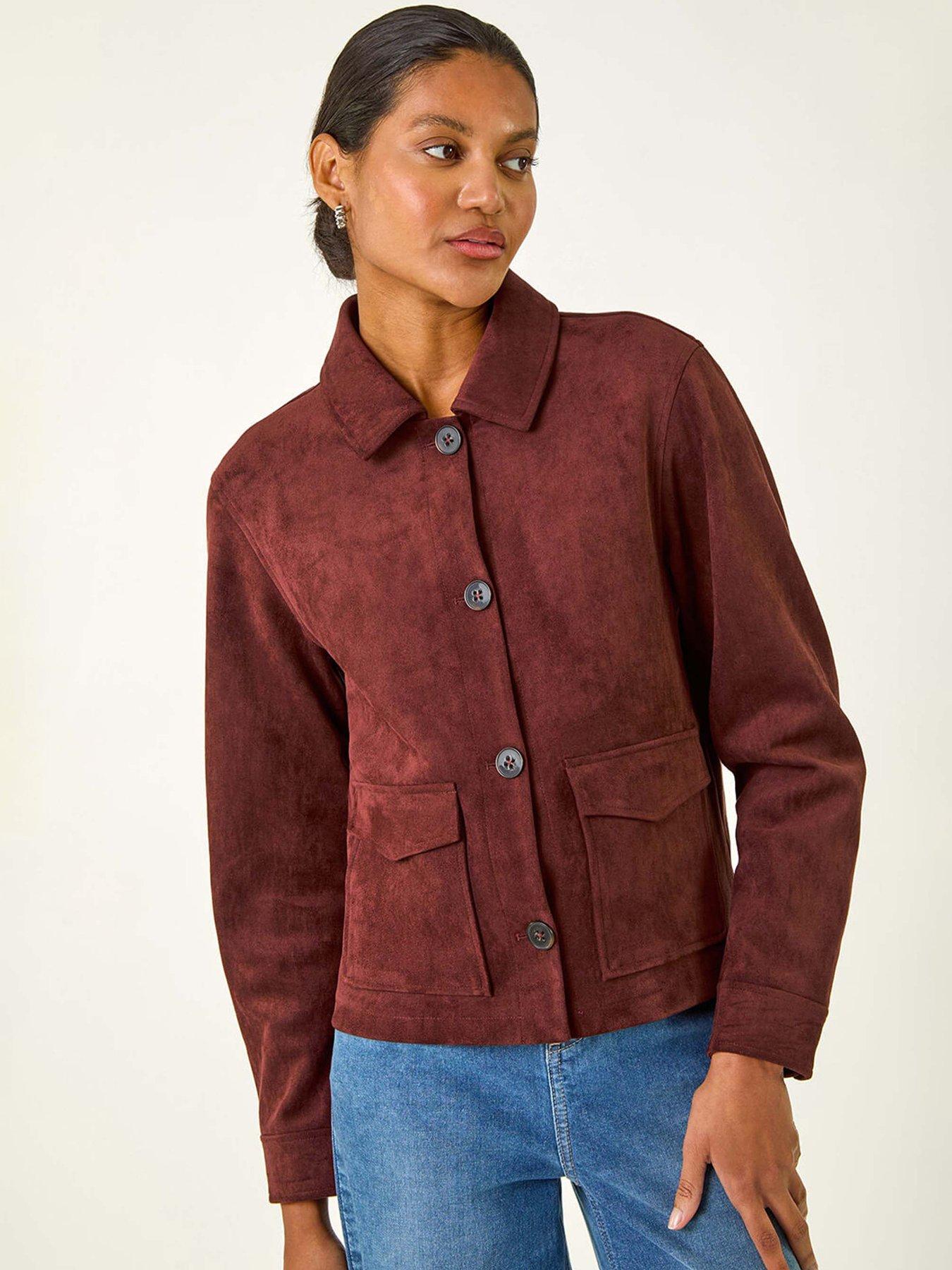 undefined Suedette Button Jacket - Burgundy