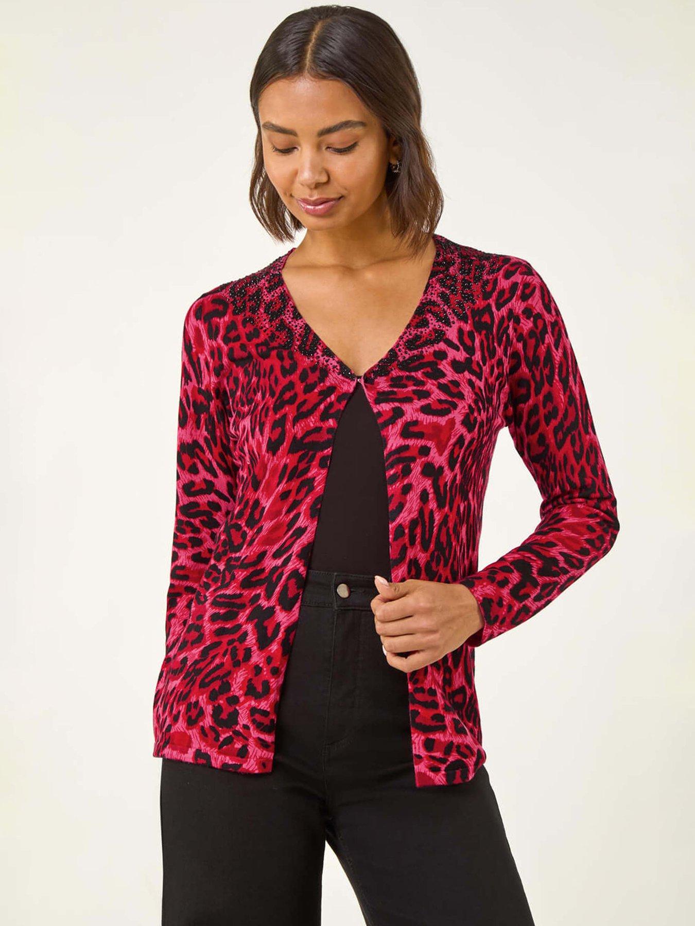 Image 1 of 5 of Roman Hotfix Animal Print Knit Cardigan - Red