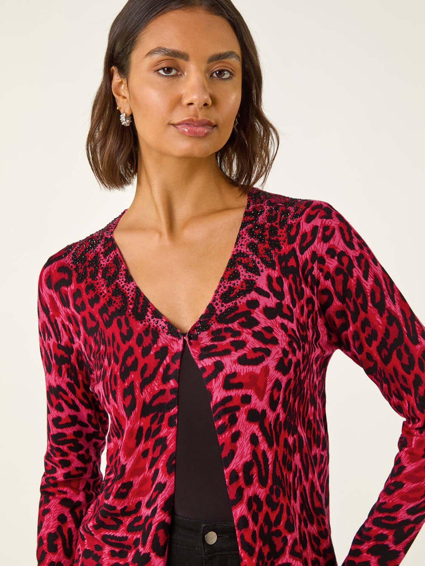 Image 4 of 5 of Roman Hotfix Animal Print Knit Cardigan - Red