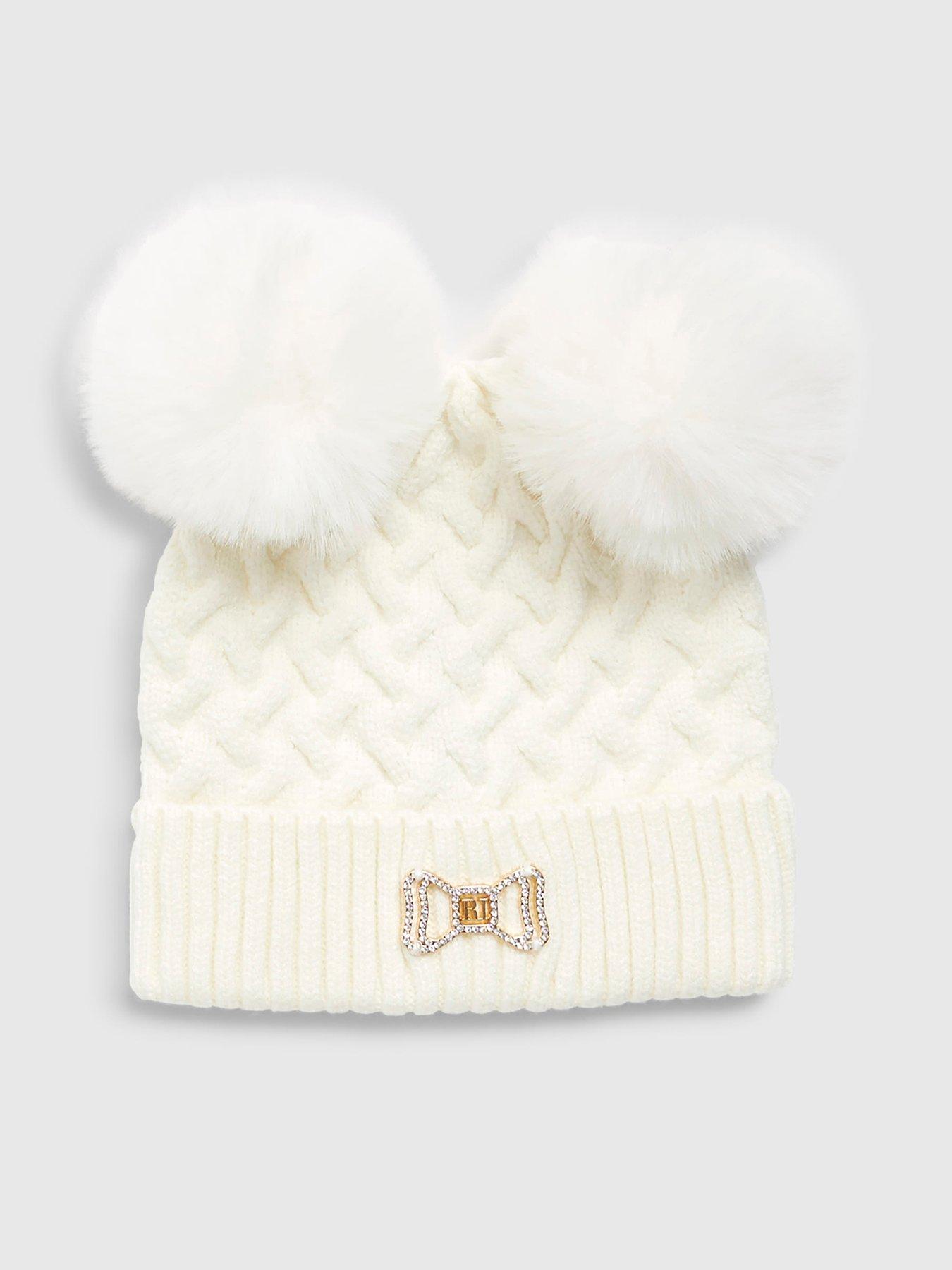 undefined Girls Double Pom Beanie - Cream