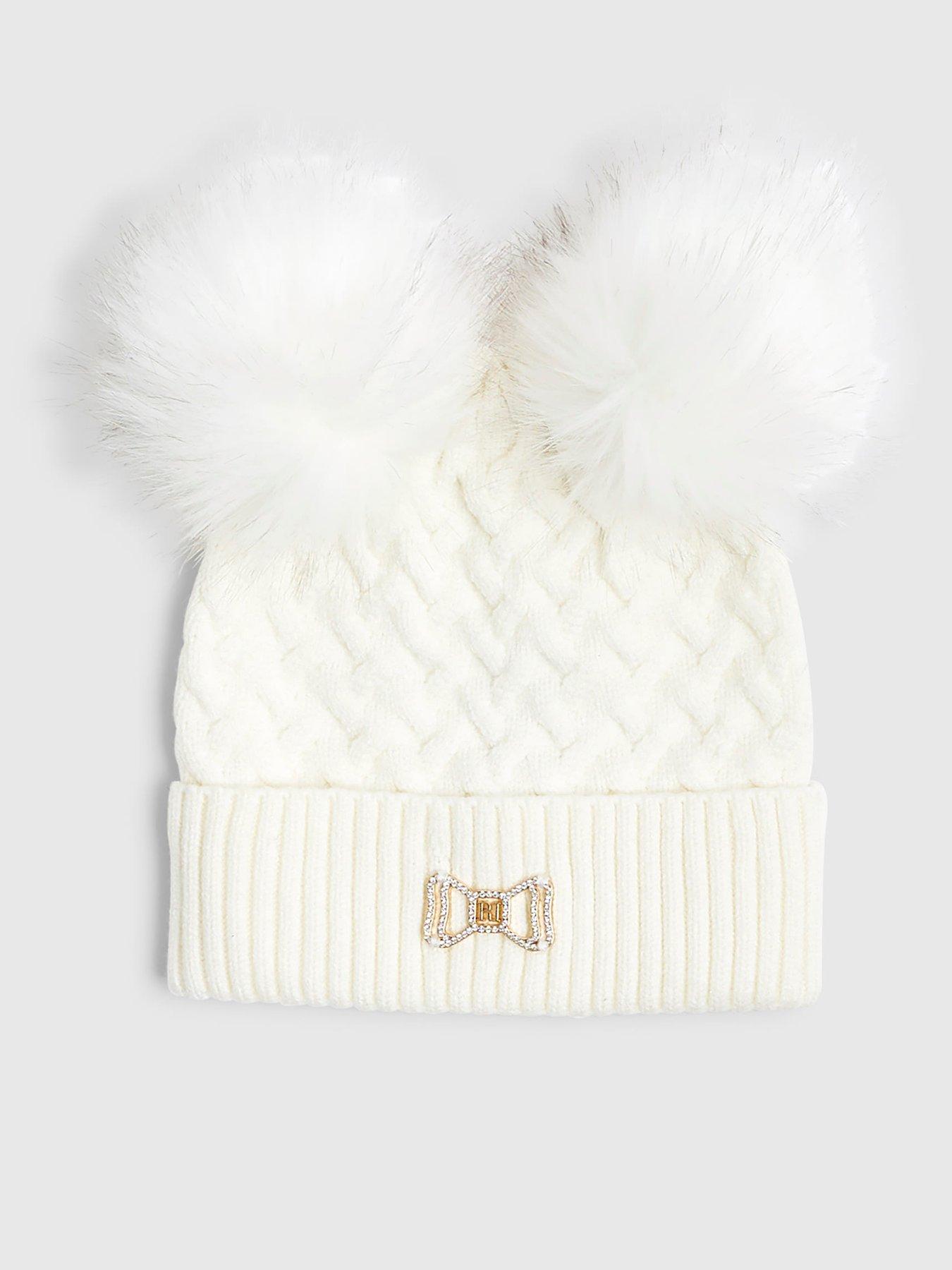 River Island Older Girls Double Pom Beanie - Cream