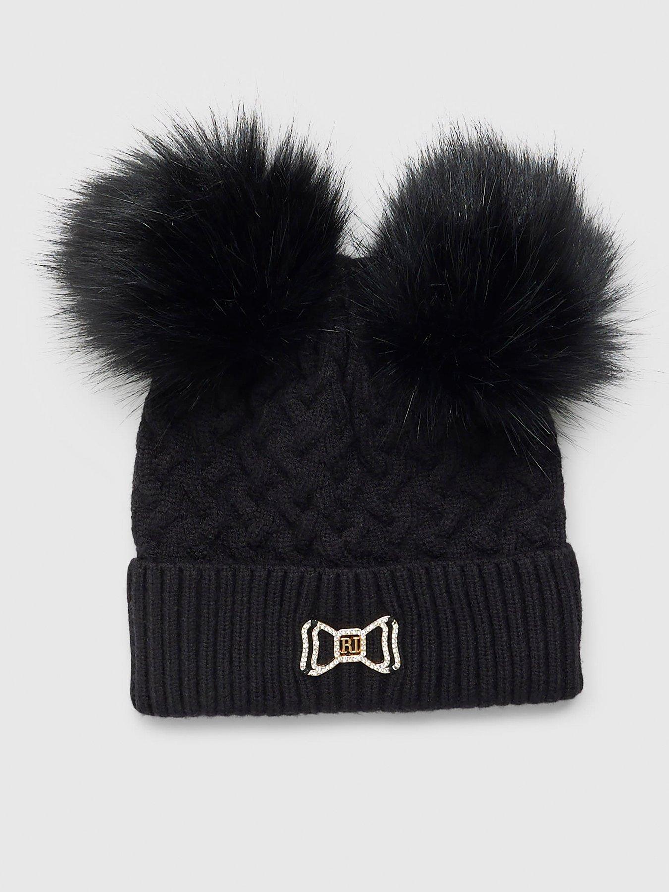 Image 1 of 3 of River Island Older Girls Double Pom Beanie - Black