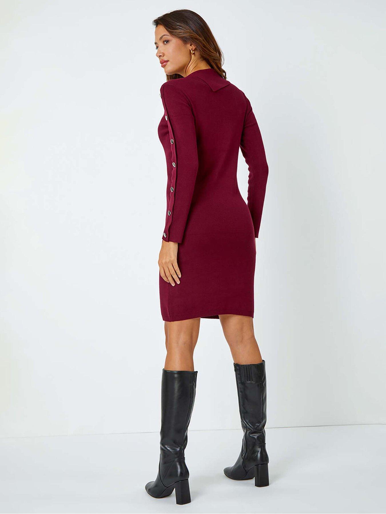 Image 2 of 5 of Roman Button Detail Roll Neck Jumper Dress - Wine