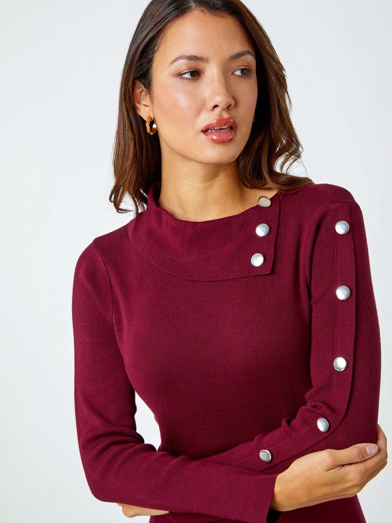 Image 4 of 5 of Roman Button Detail Roll Neck Jumper Dress - Wine