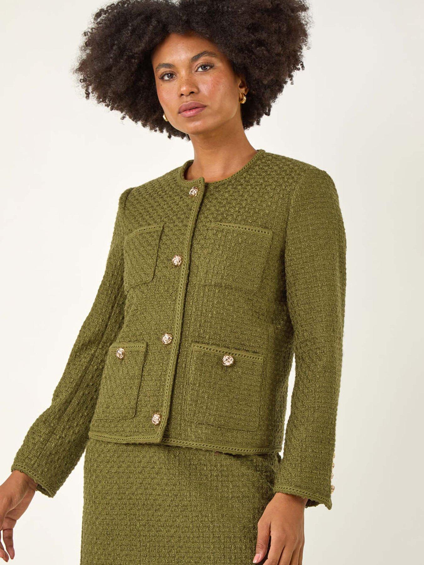 Roman Collarless Boucle Button Jacket - Olive
