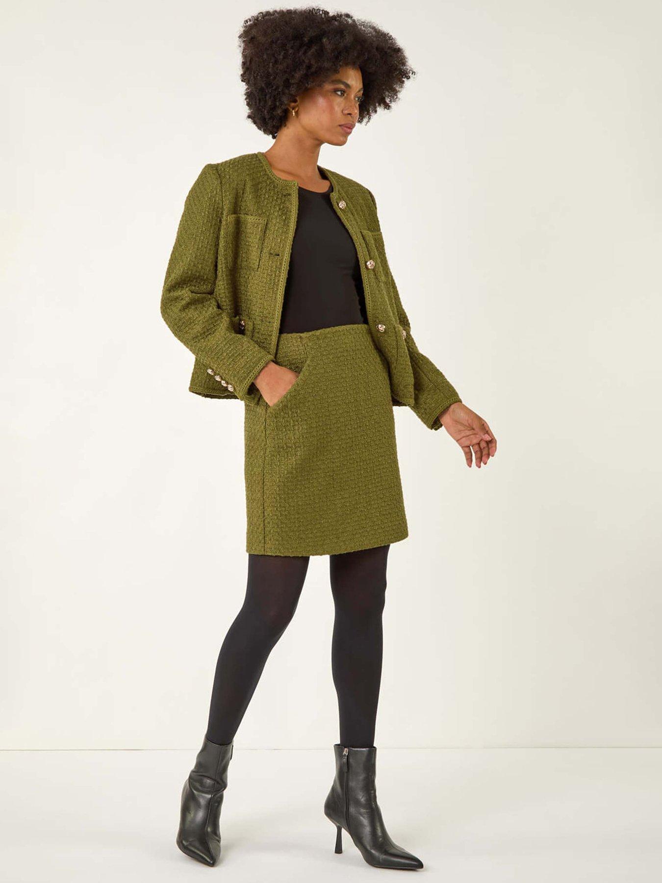 Image 3 of 5 of Roman Collarless Boucle Button Jacket - Olive