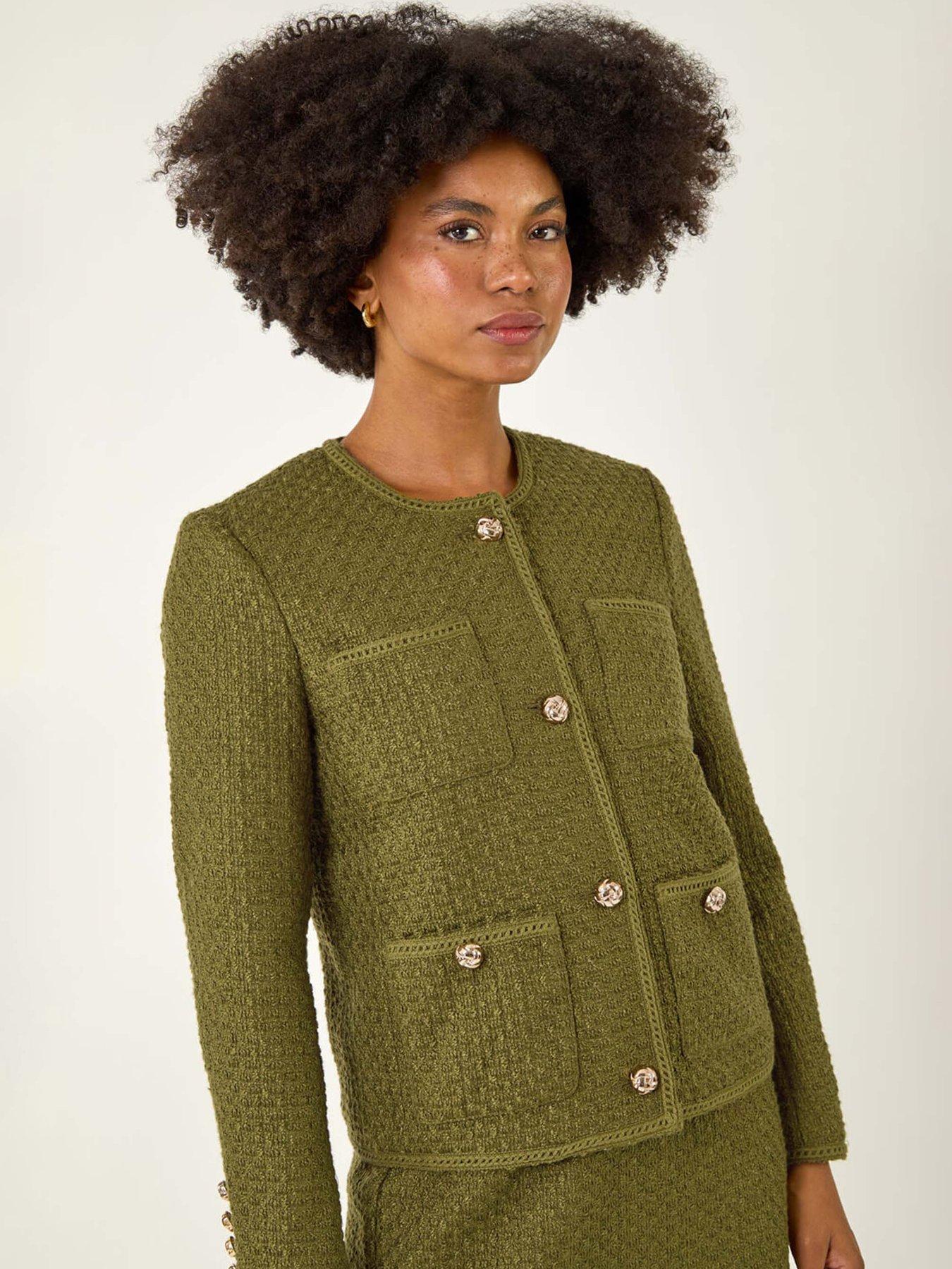 Image 4 of 5 of Roman Collarless Boucle Button Jacket - Olive