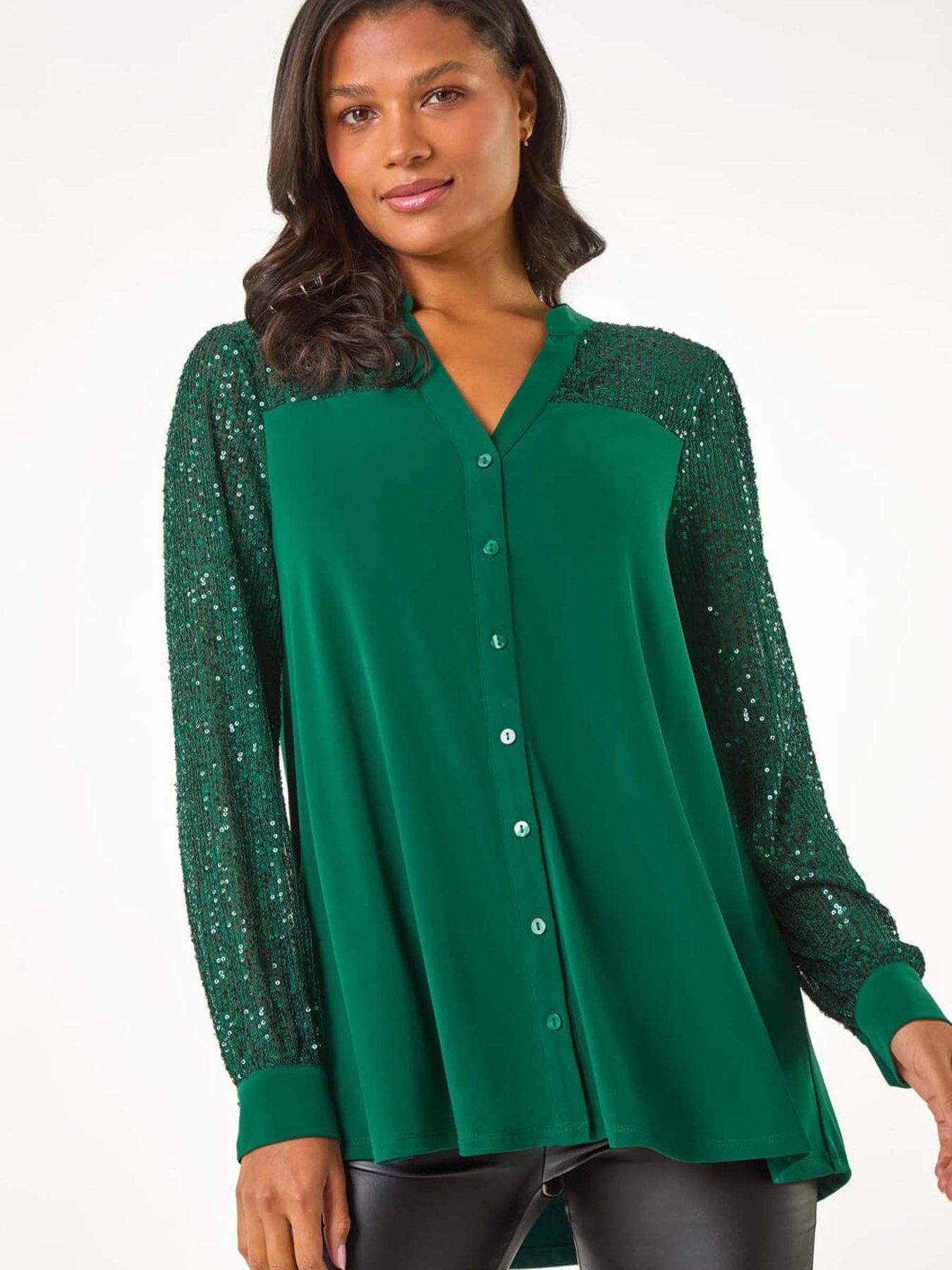 Roman Embellished Sequin Stretch Blouse - Jade Green