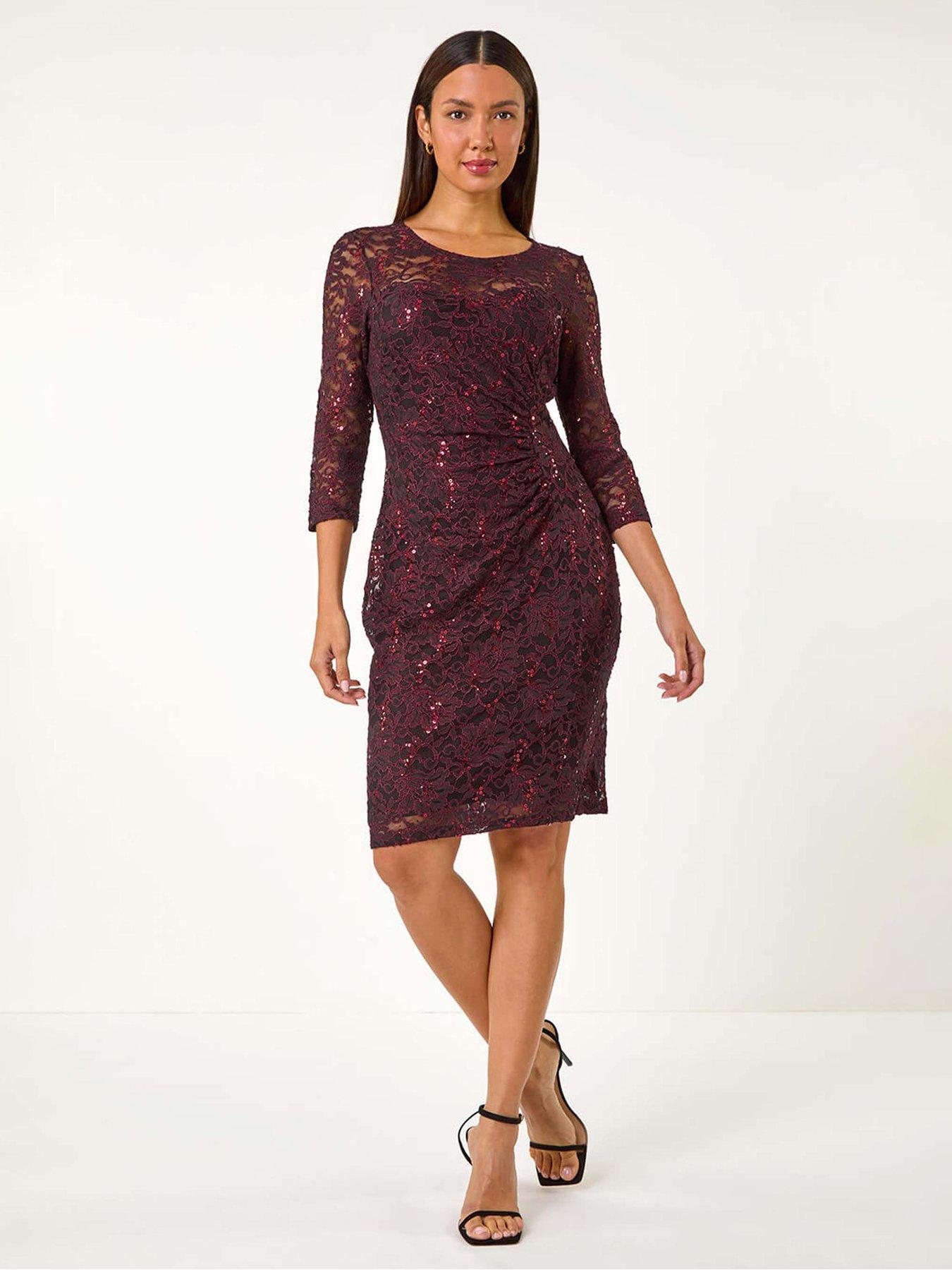 Roman Sequin Lace Ruched Stretch Dress - Wine