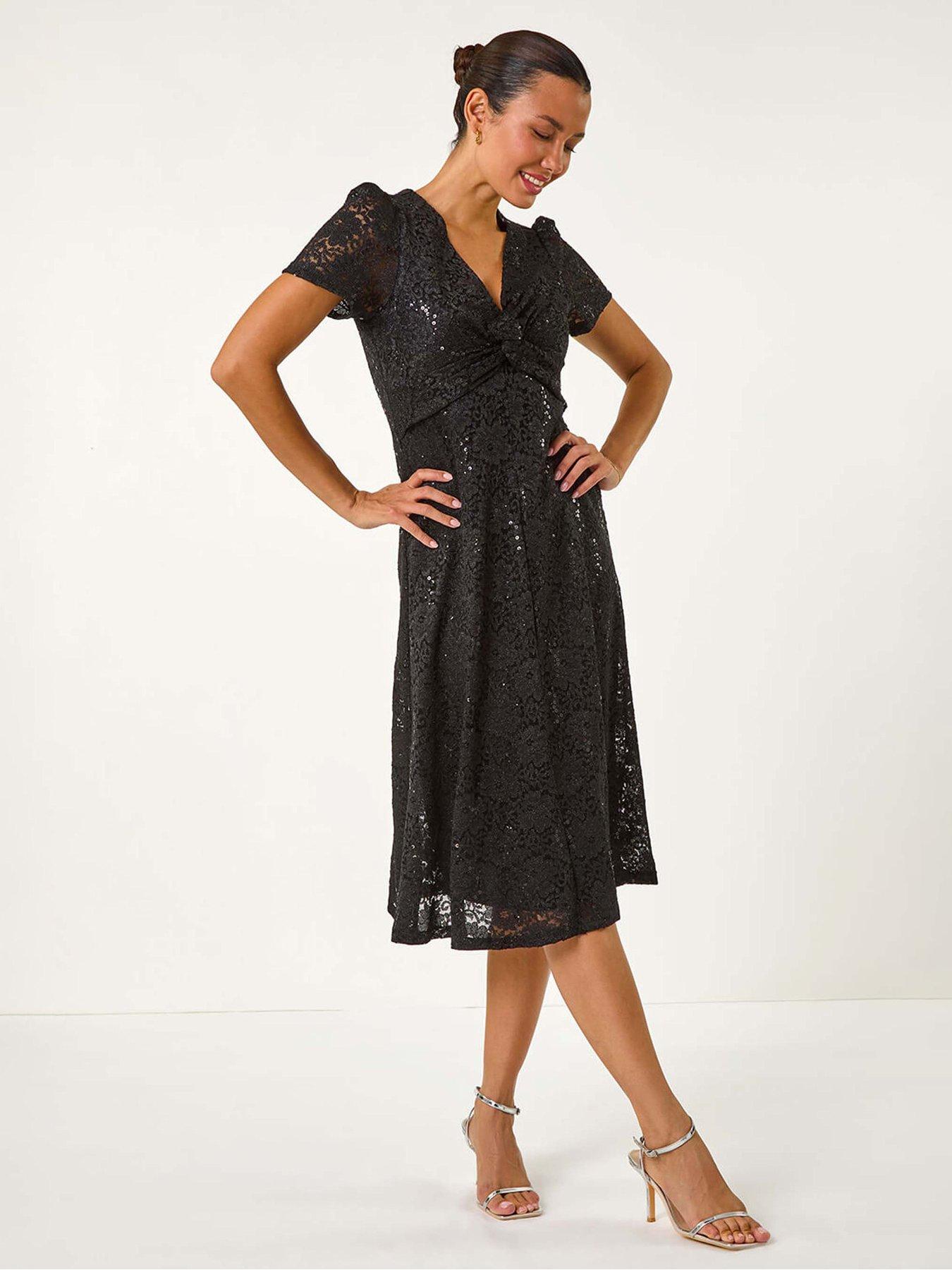 Image 1 of 5 of Roman Sequin Lace Twist Front Midi Dress - Black