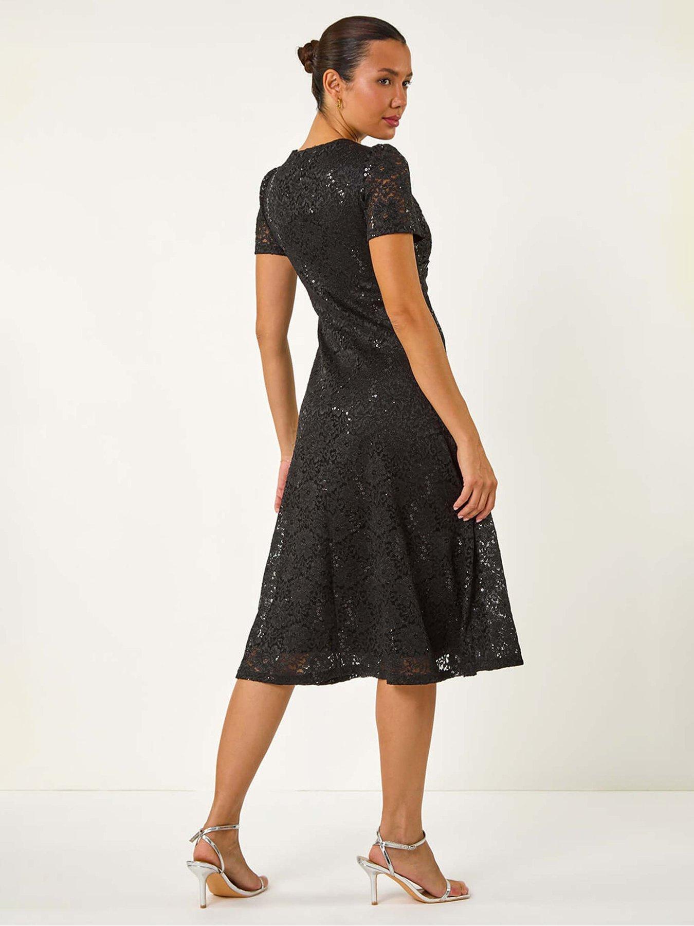 Image 2 of 5 of Roman Sequin Lace Twist Front Midi Dress - Black