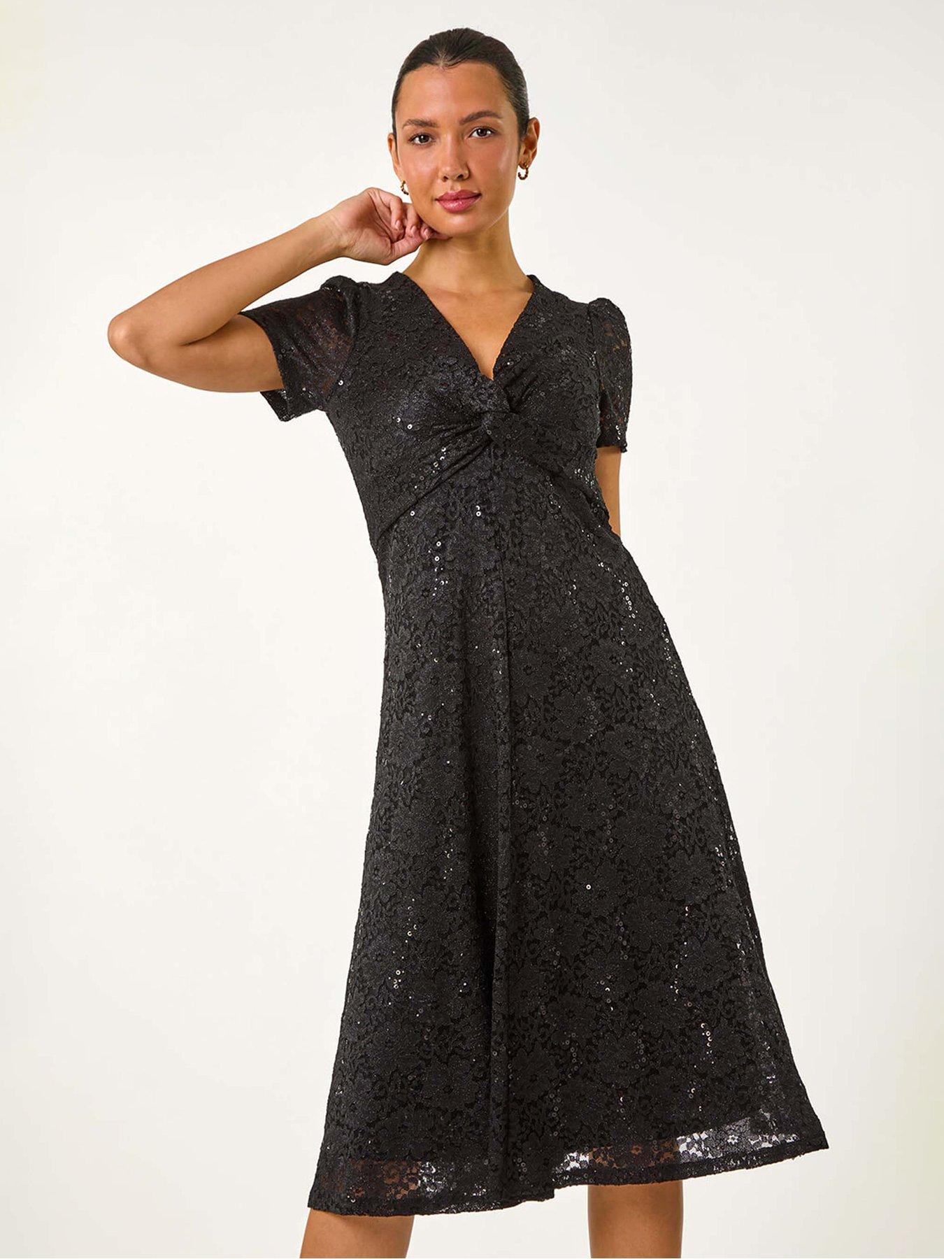 Image 3 of 5 of Roman Sequin Lace Twist Front Midi Dress - Black