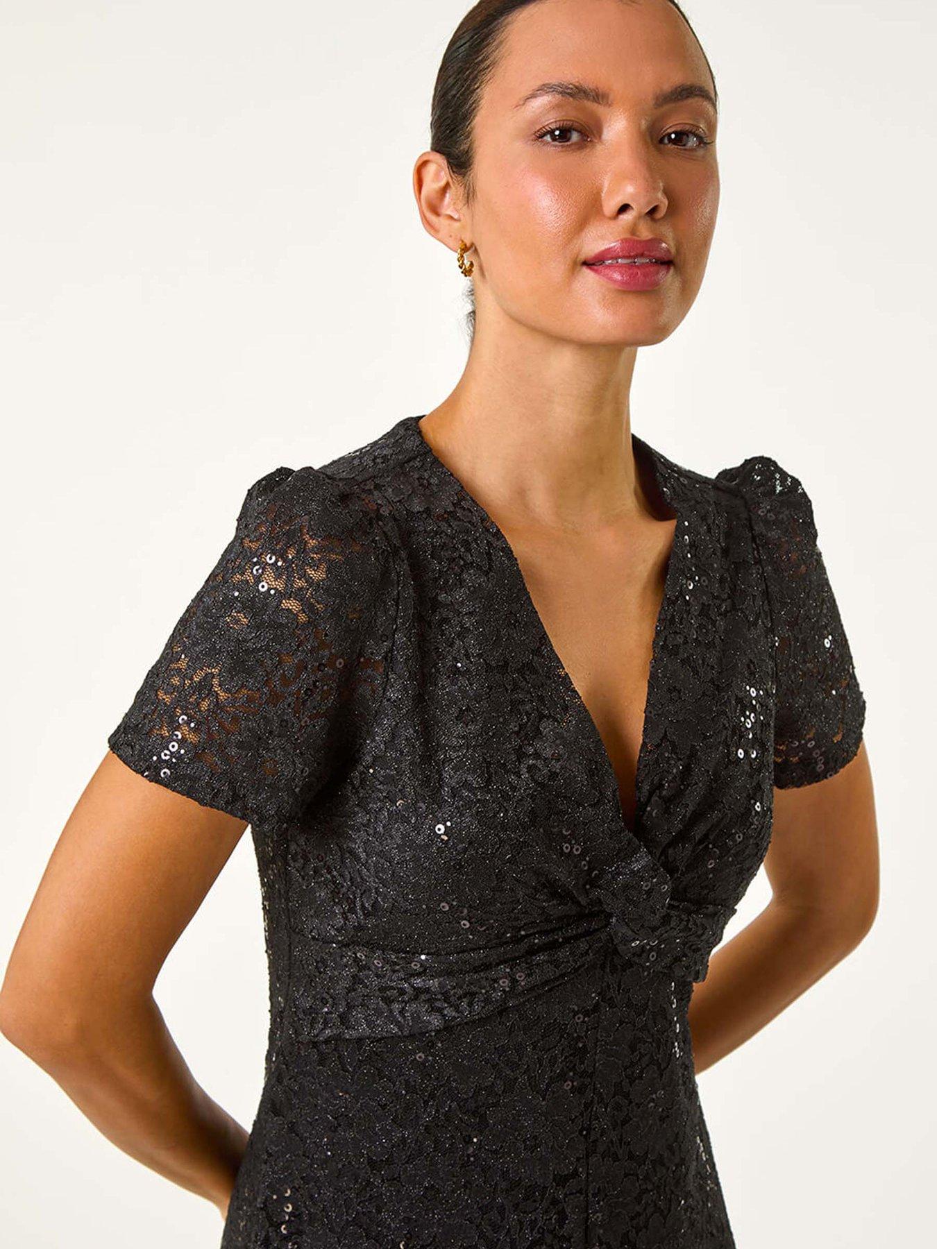 Image 4 of 5 of Roman Sequin Lace Twist Front Midi Dress - Black