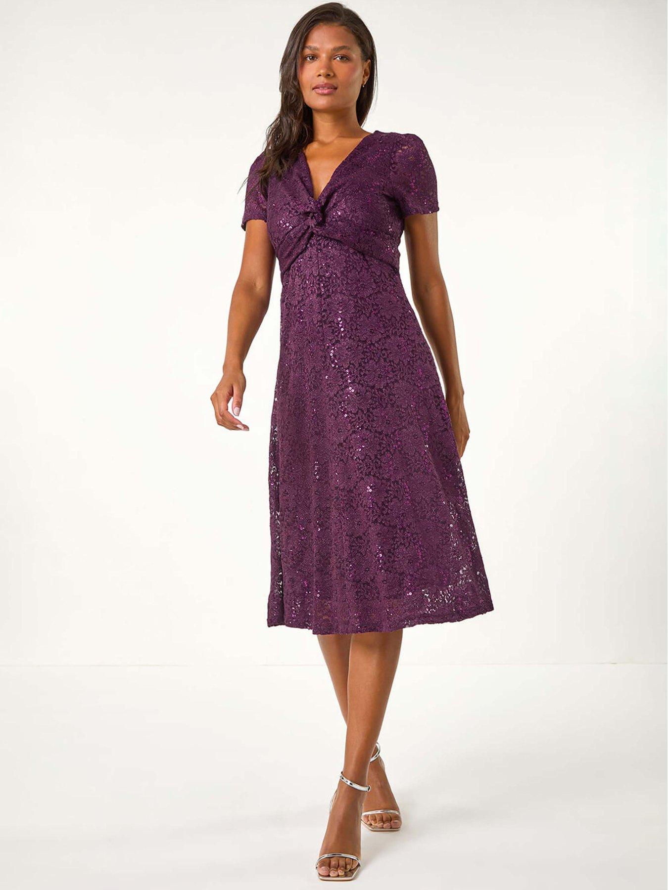 undefined Sequin Lace Twist Front Midi Dress - Purple