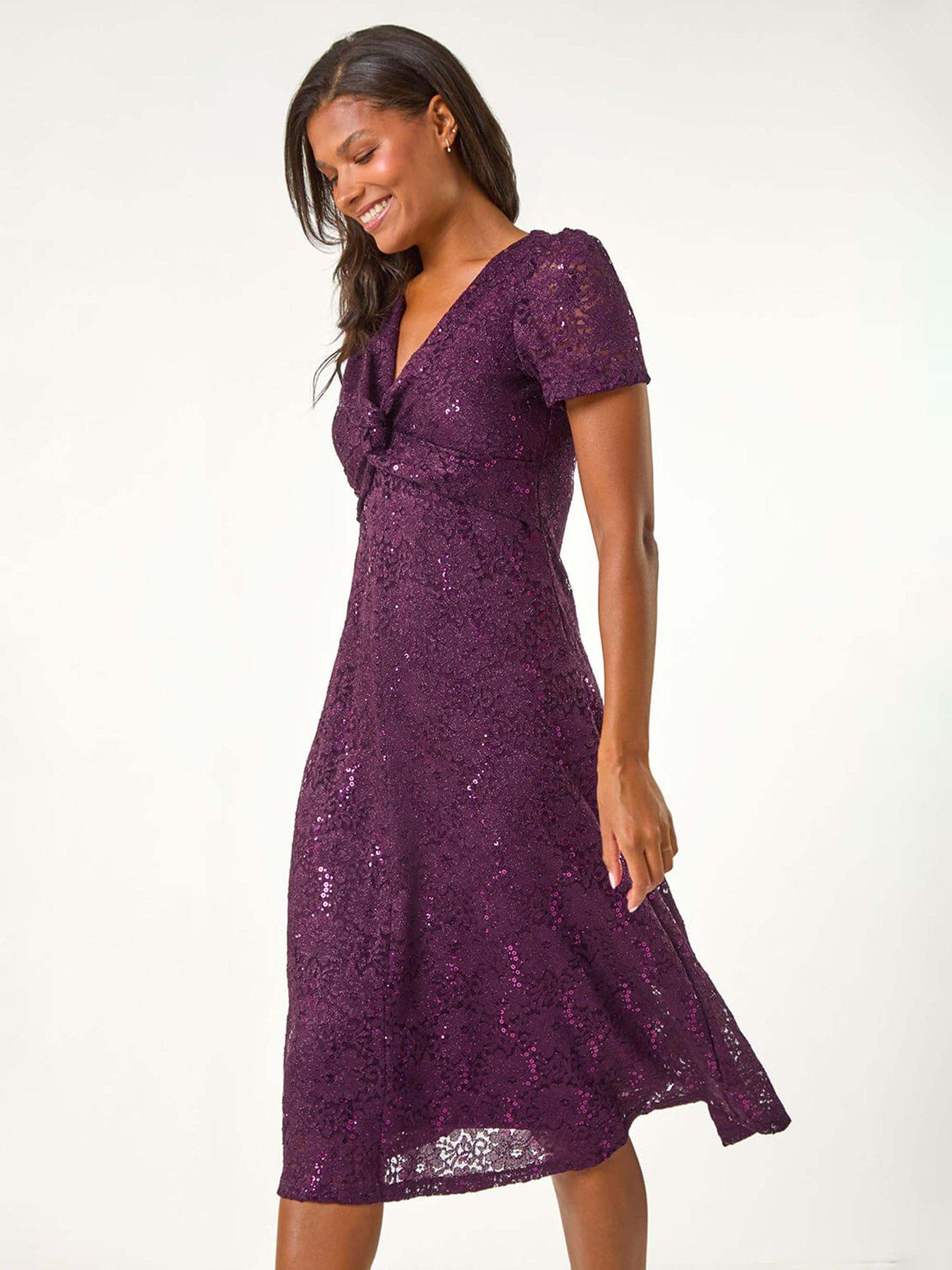 Image 3 of 5 of Roman Sequin Lace Twist Front Midi Dress - Purple