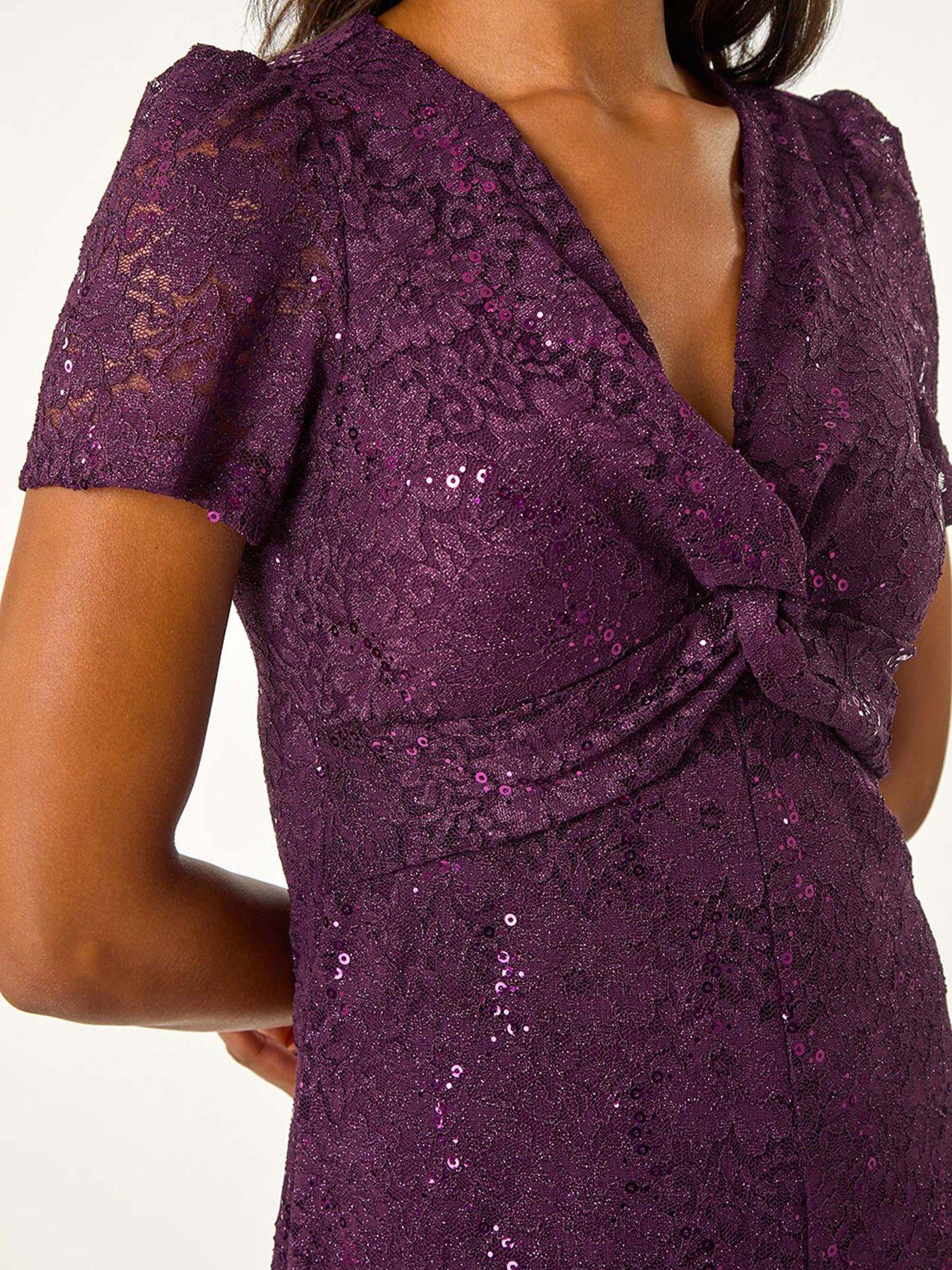 Image 5 of 5 of Roman Sequin Lace Twist Front Midi Dress - Purple