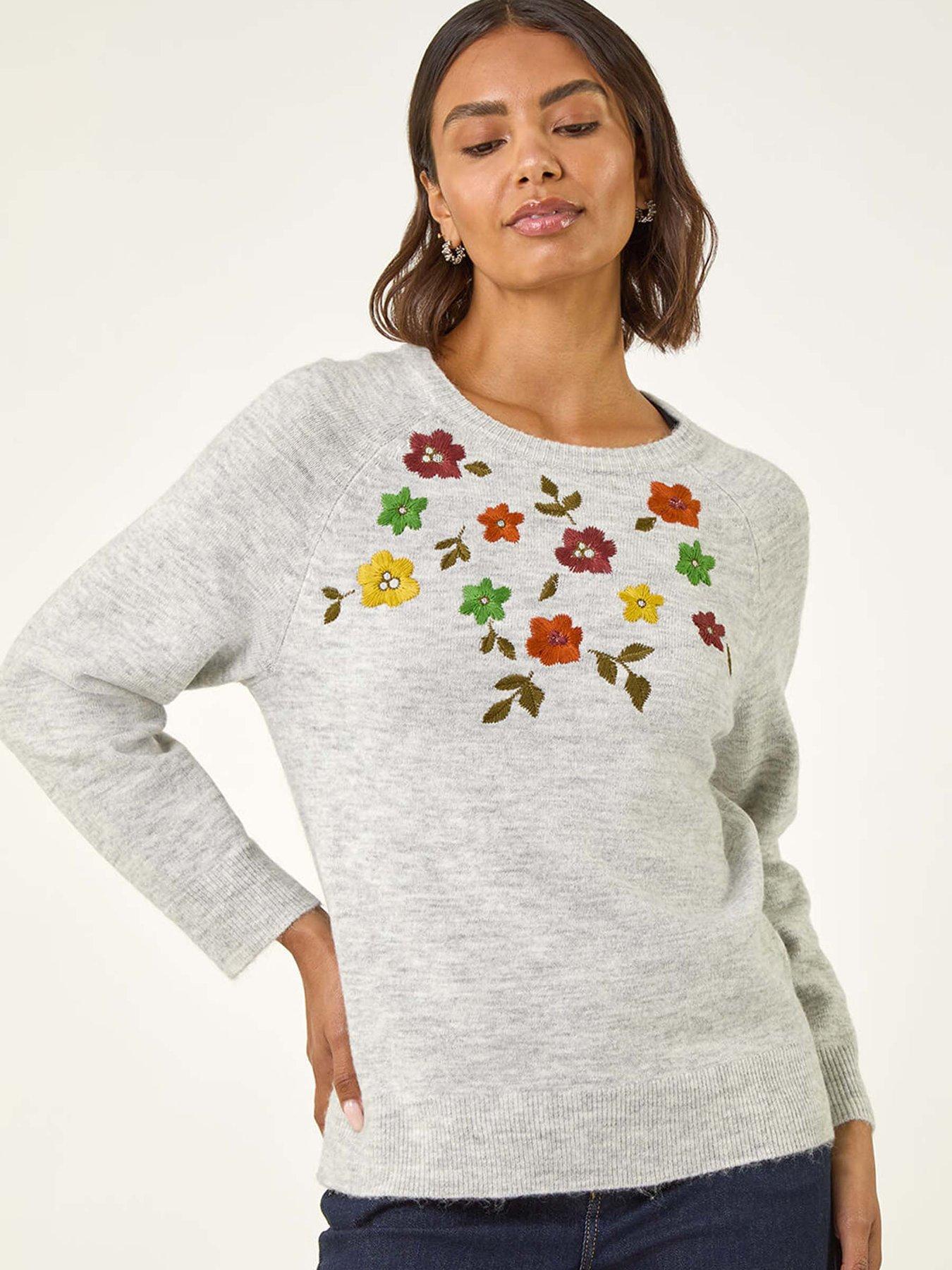 Roman Floral Embroidered Knit Jumper - Grey