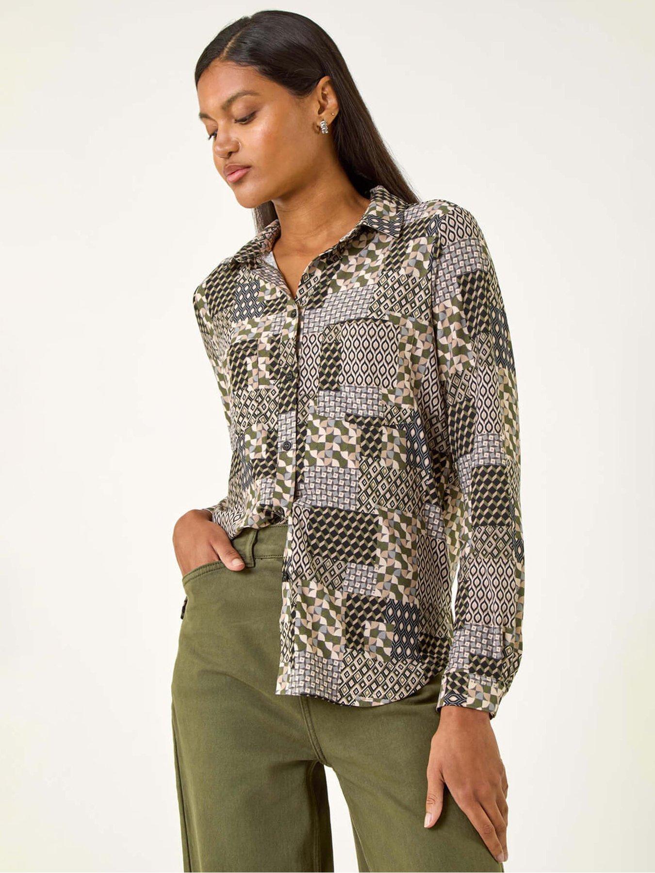 Roman Patchwork Print Stretch Top - Grey