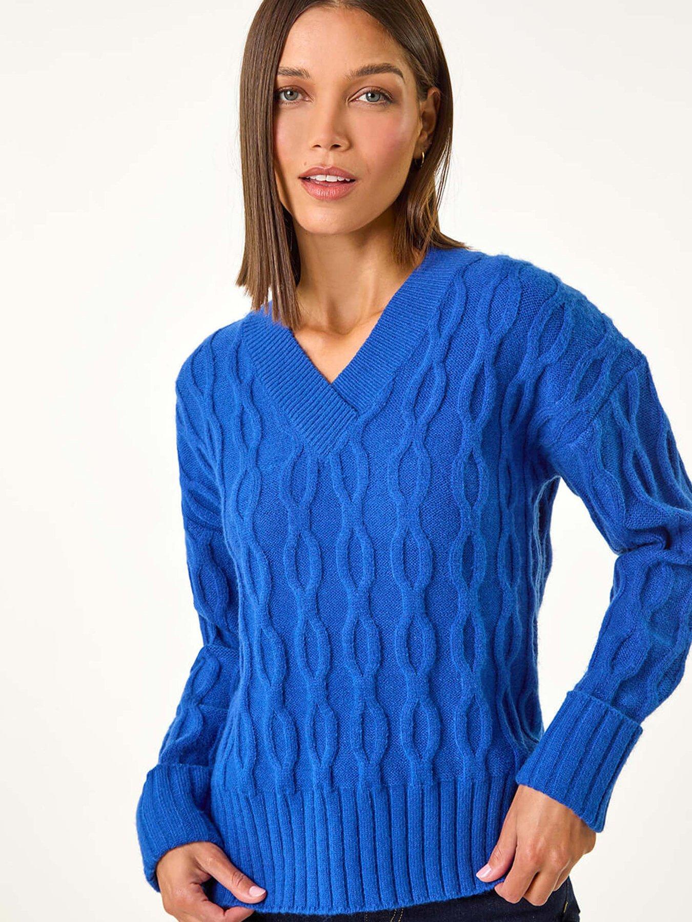 undefined V-neck Cable Knit Jumper - Royal Blue