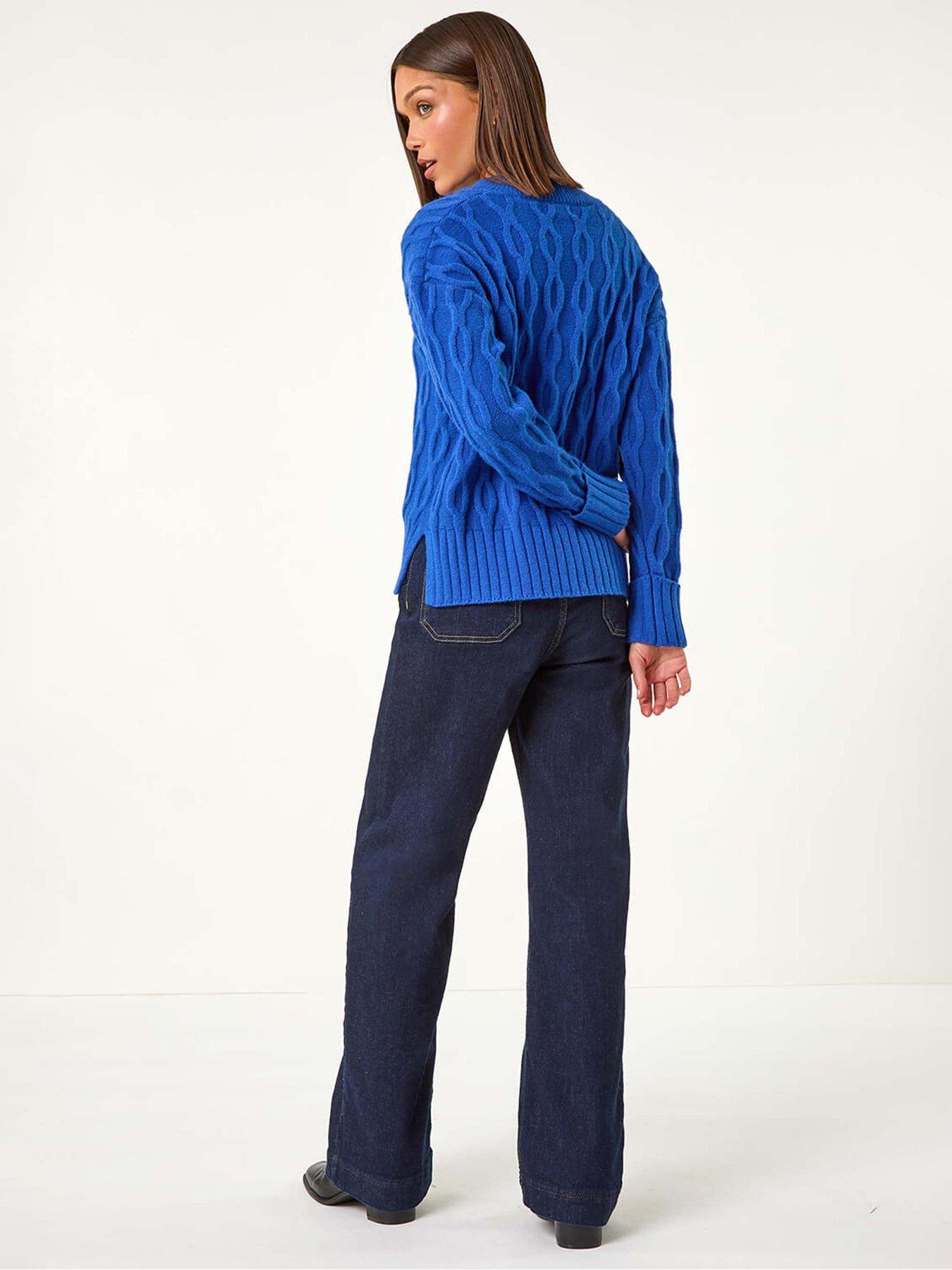 Image 2 of 5 of Roman V-neck Cable Knit Jumper - Royal Blue