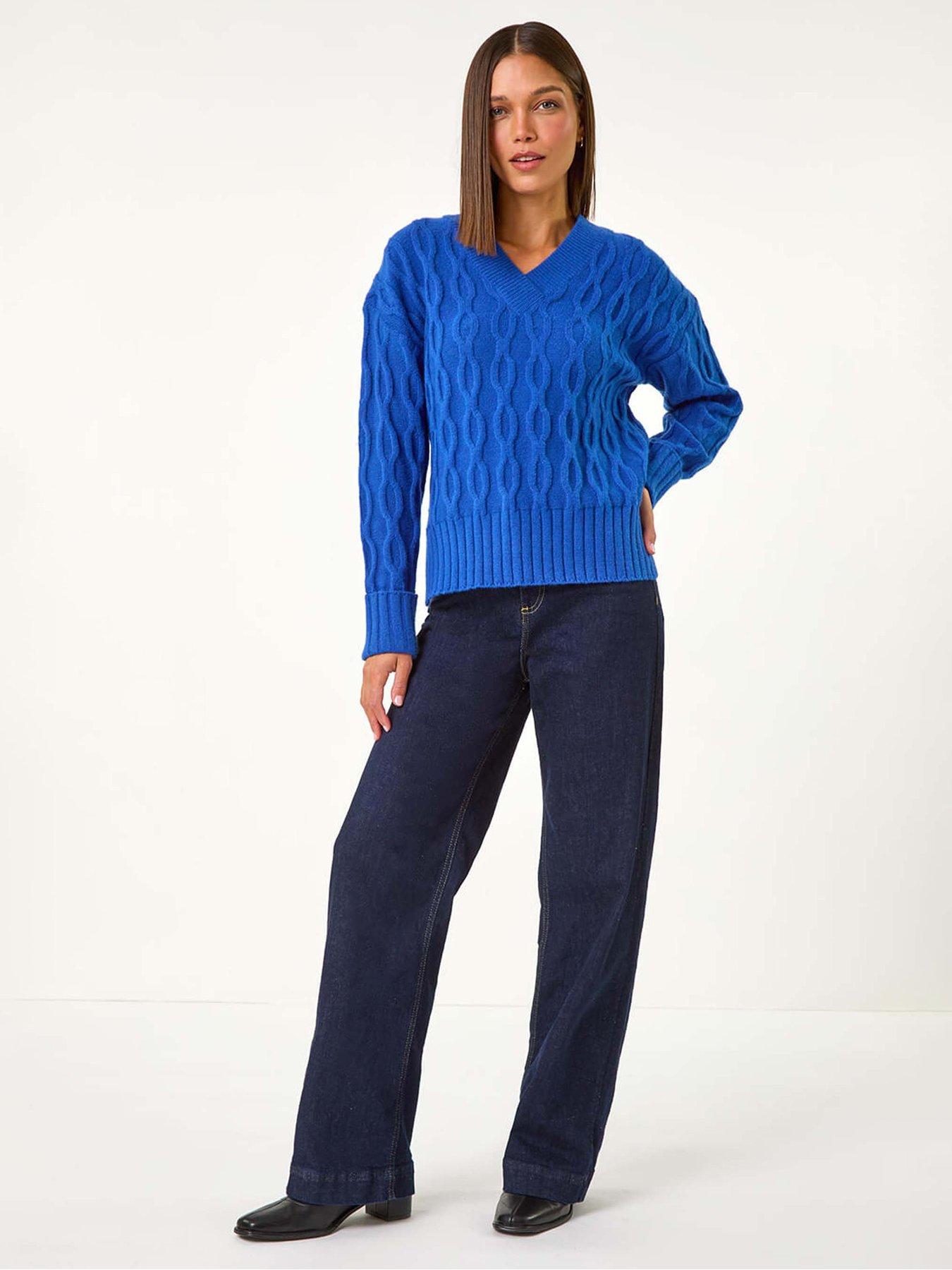 Image 3 of 5 of Roman V-neck Cable Knit Jumper - Royal Blue