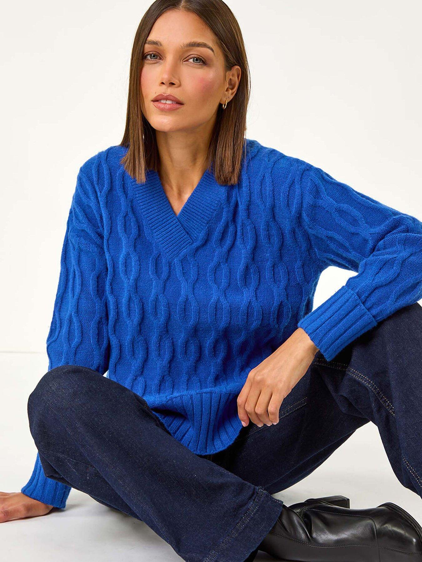 Image 4 of 5 of Roman V-neck Cable Knit Jumper - Royal Blue